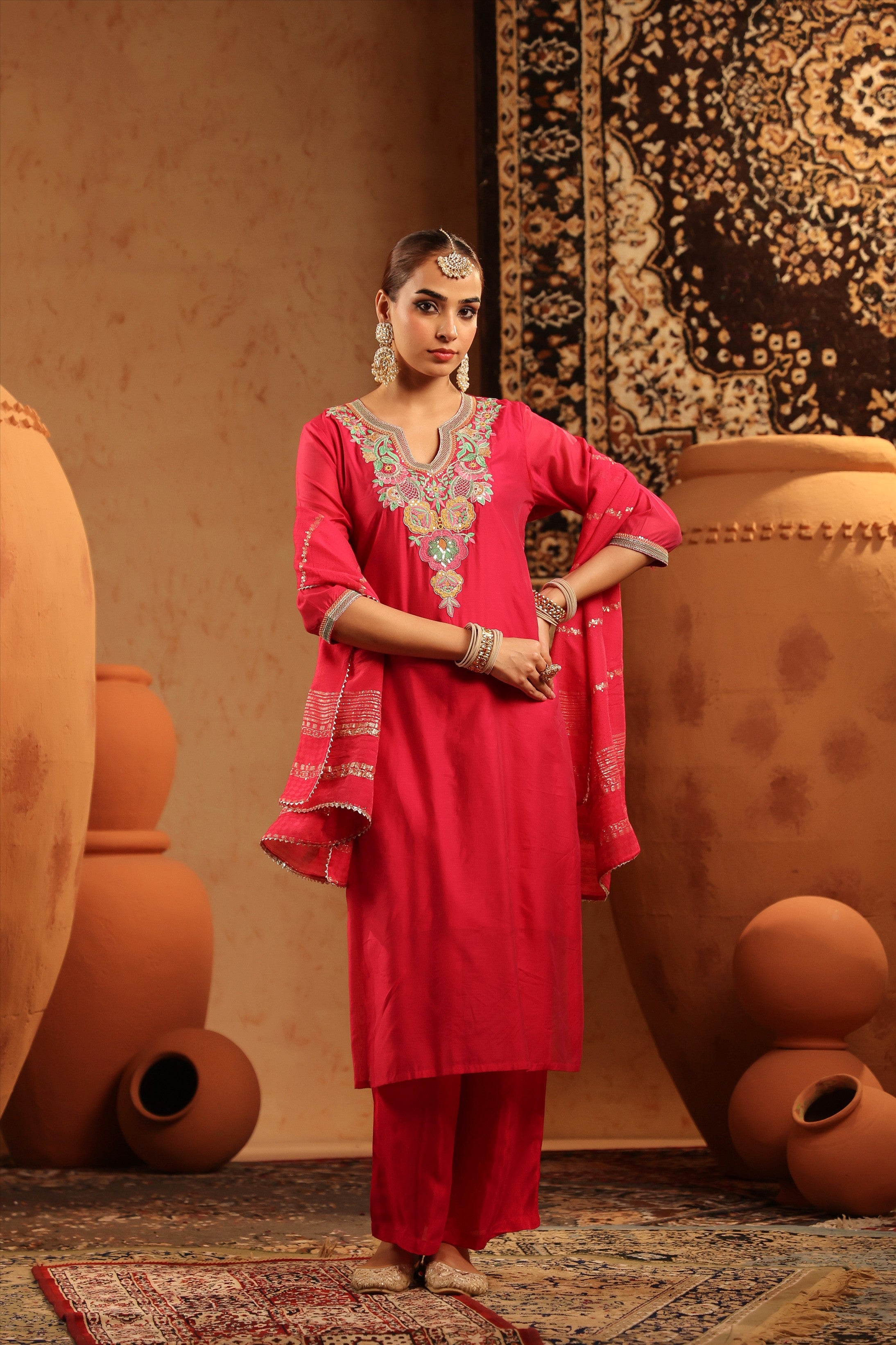 Fuchsia Mul Chanderi Embroidered Straight Suit Set