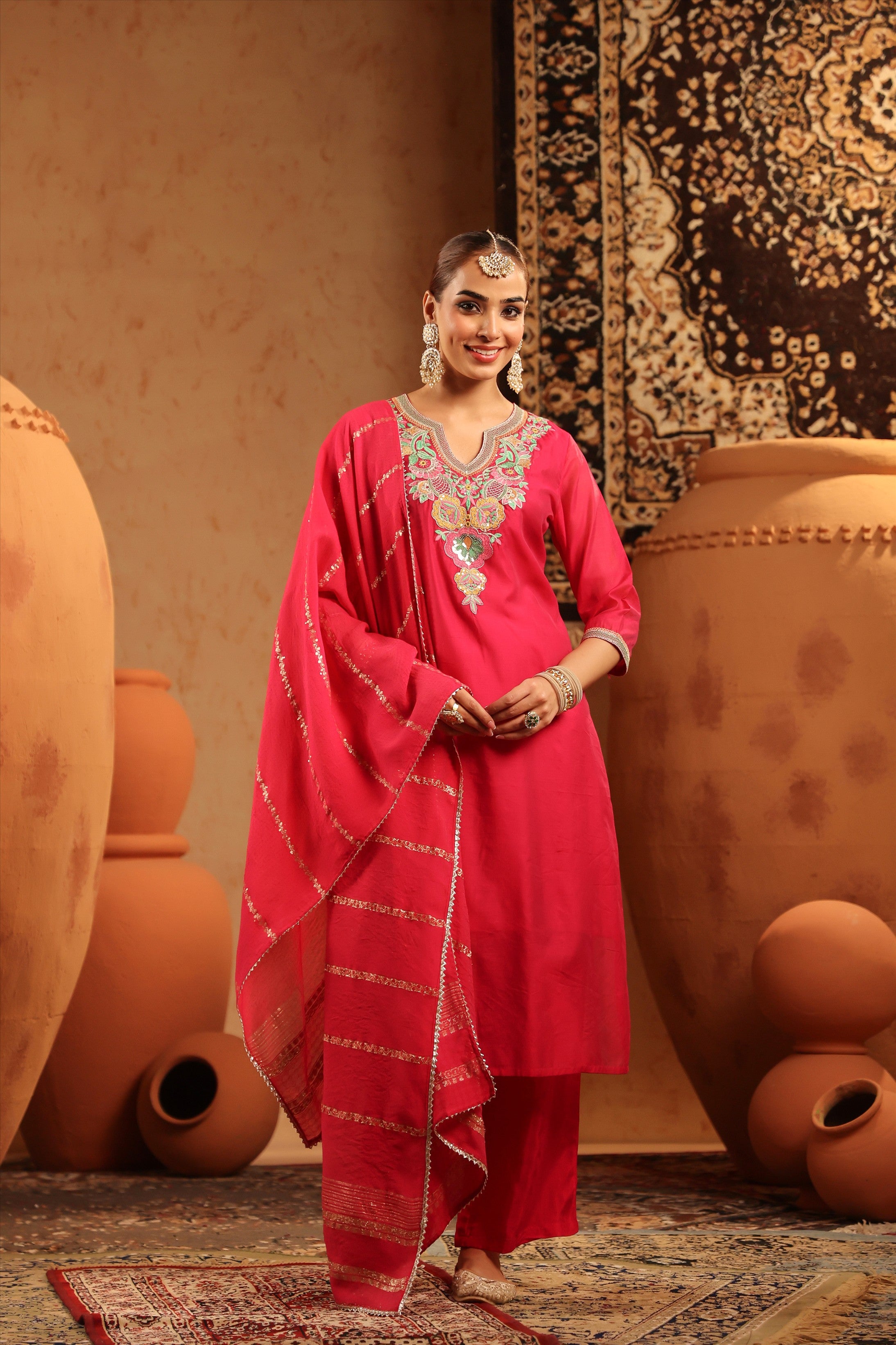 Fuchsia Mul Chanderi Embroidered Straight Suit Set