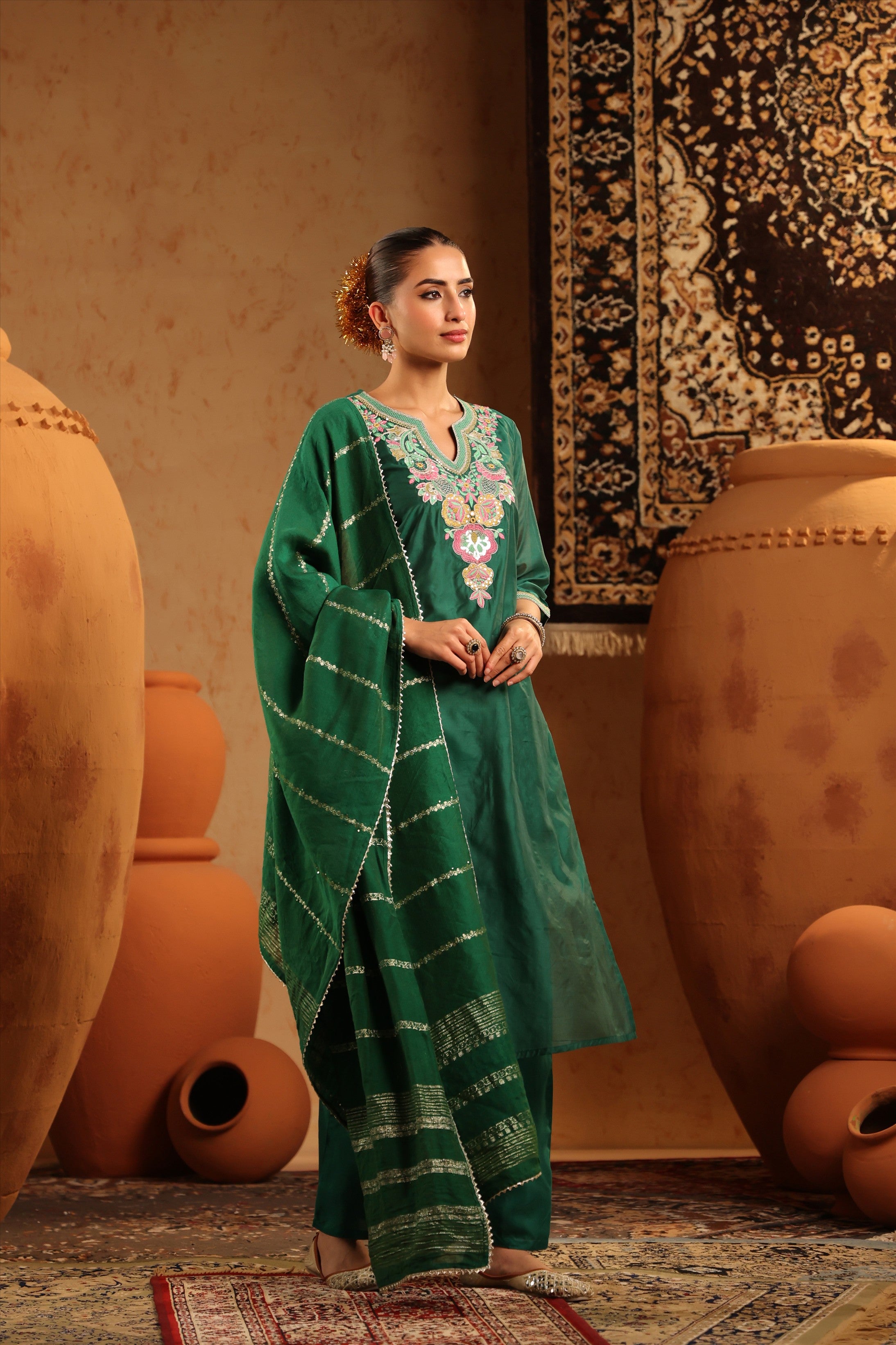 Green Mul Chanderi Embroidered Straight Suit Set