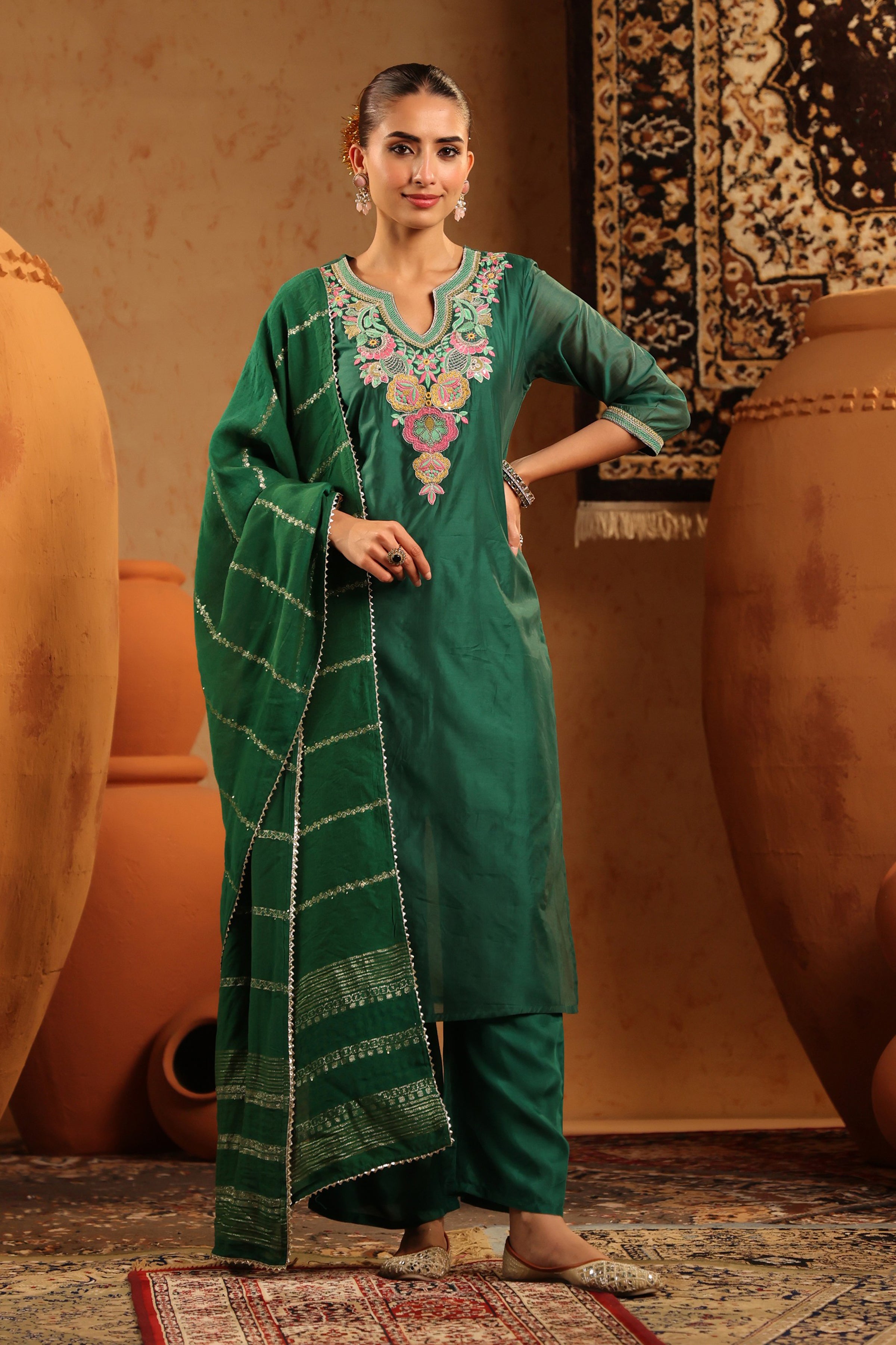 Green Mul Chanderi Embroidered Straight Suit Set