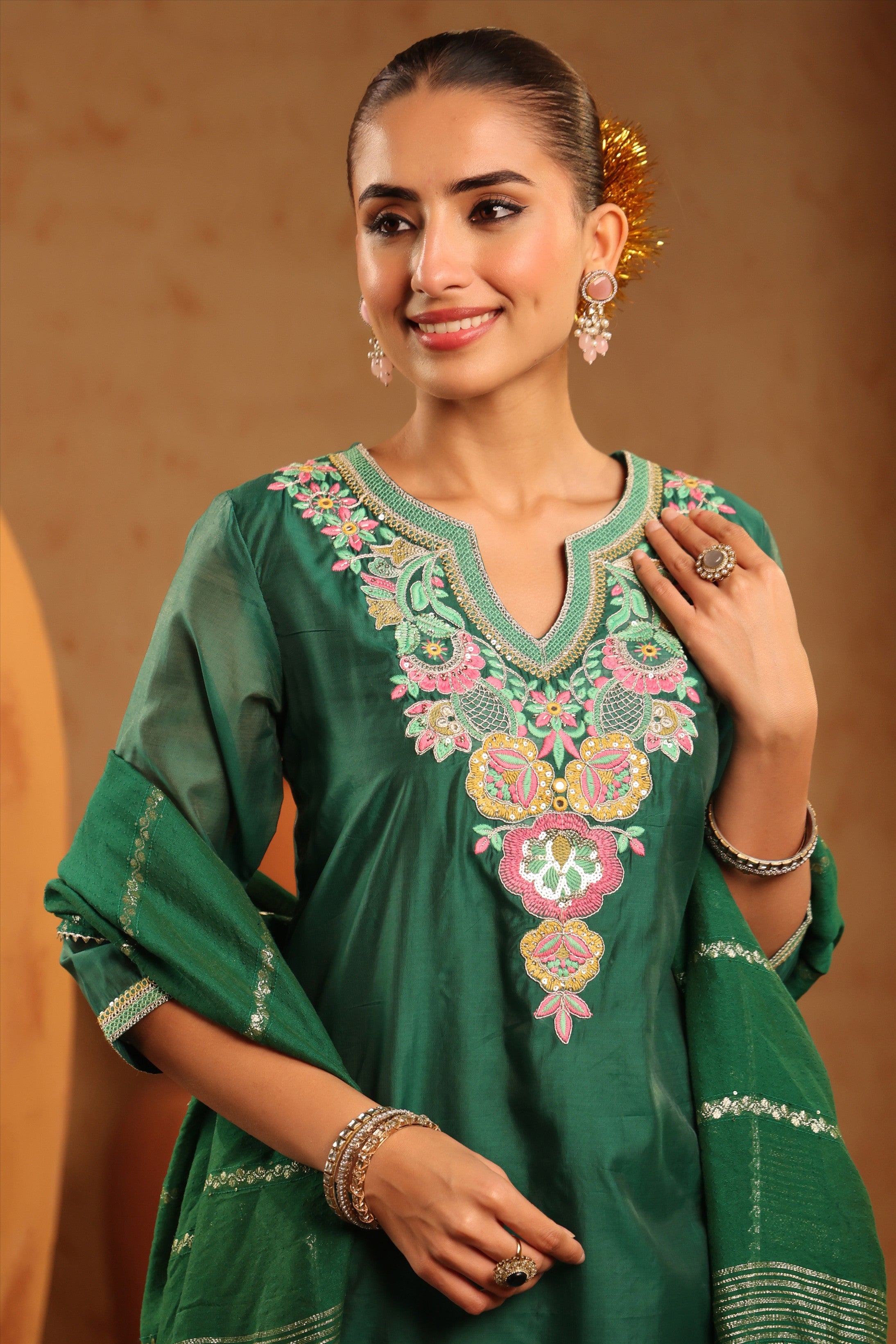 Green Mul Chanderi Embroidered Straight Suit Set
