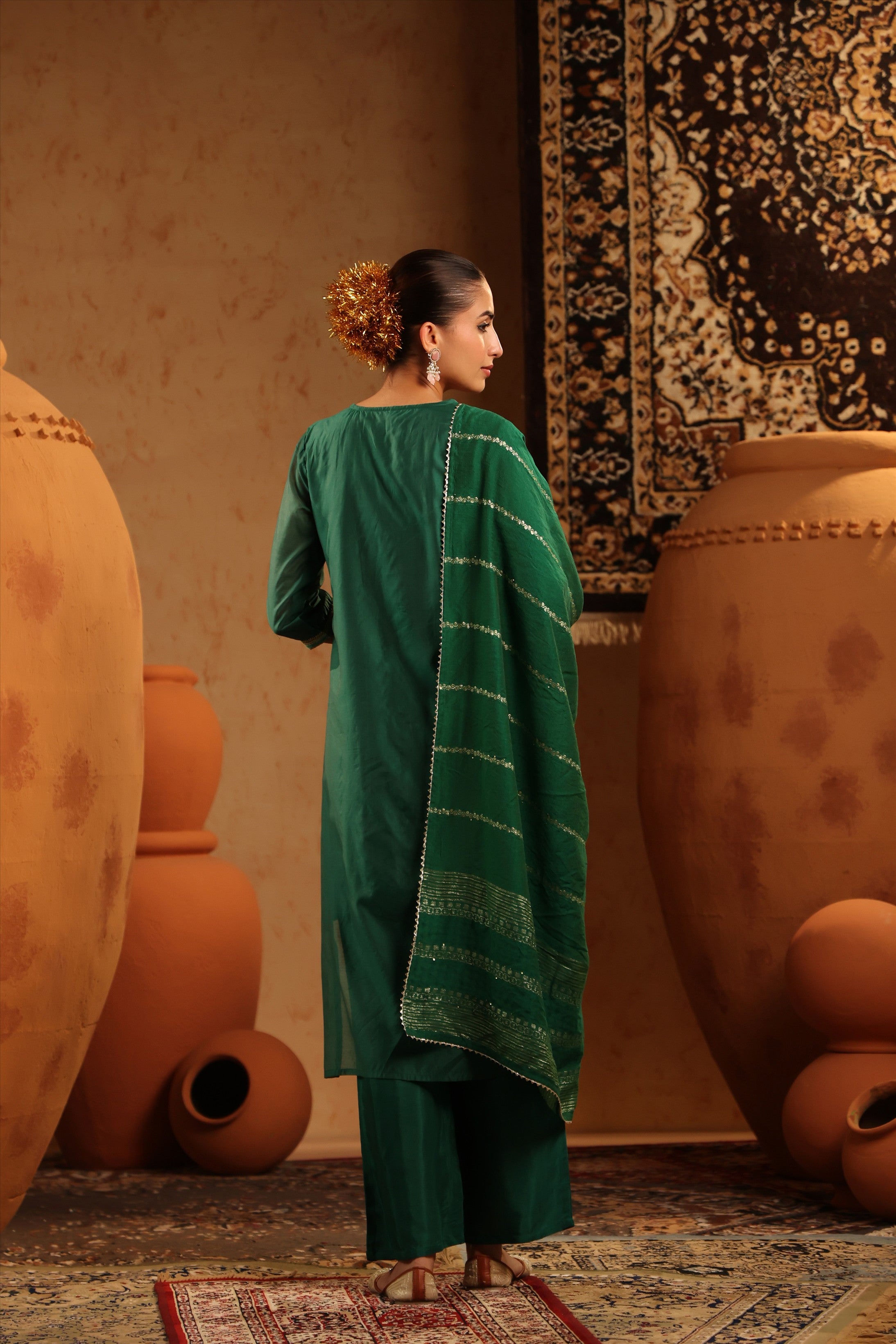 Green Mul Chanderi Embroidered Straight Suit Set
