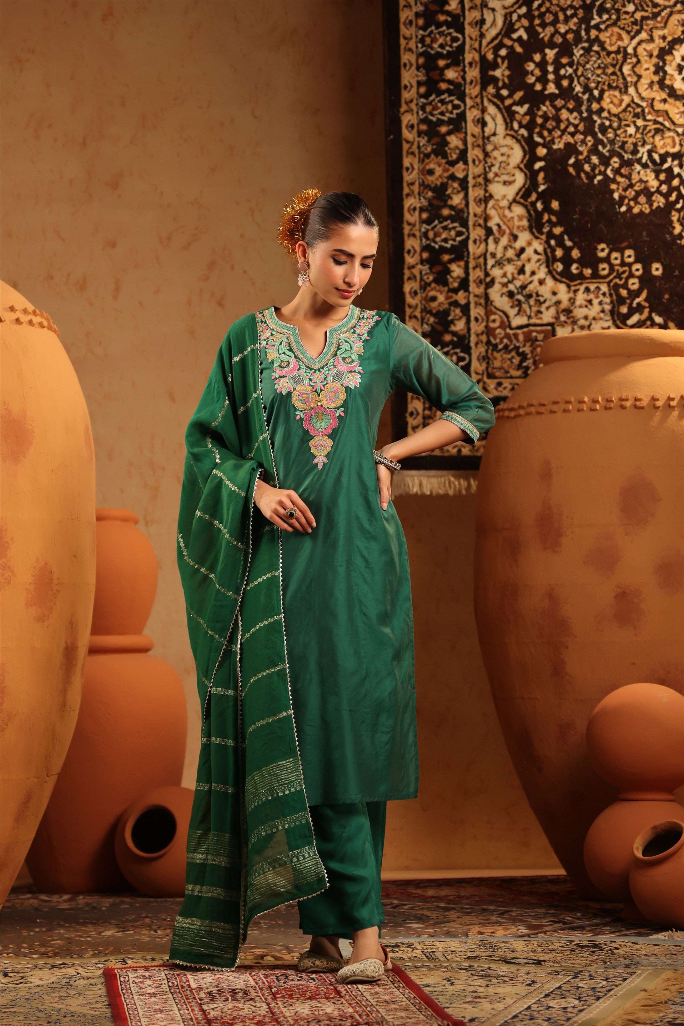 Green Mul Chanderi Embroidered Straight Suit Set