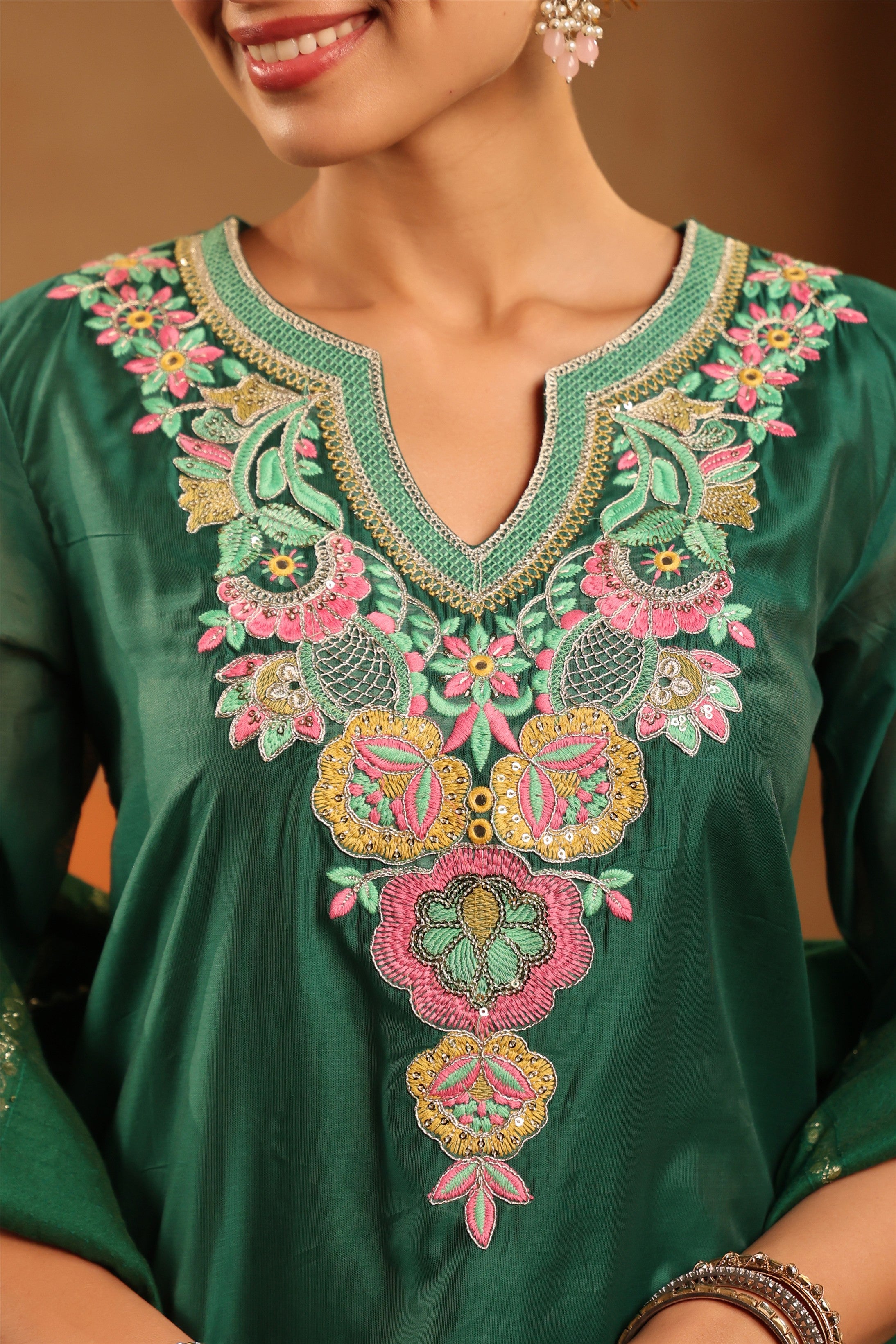 Green Mul Chanderi Embroidered Straight Suit Set