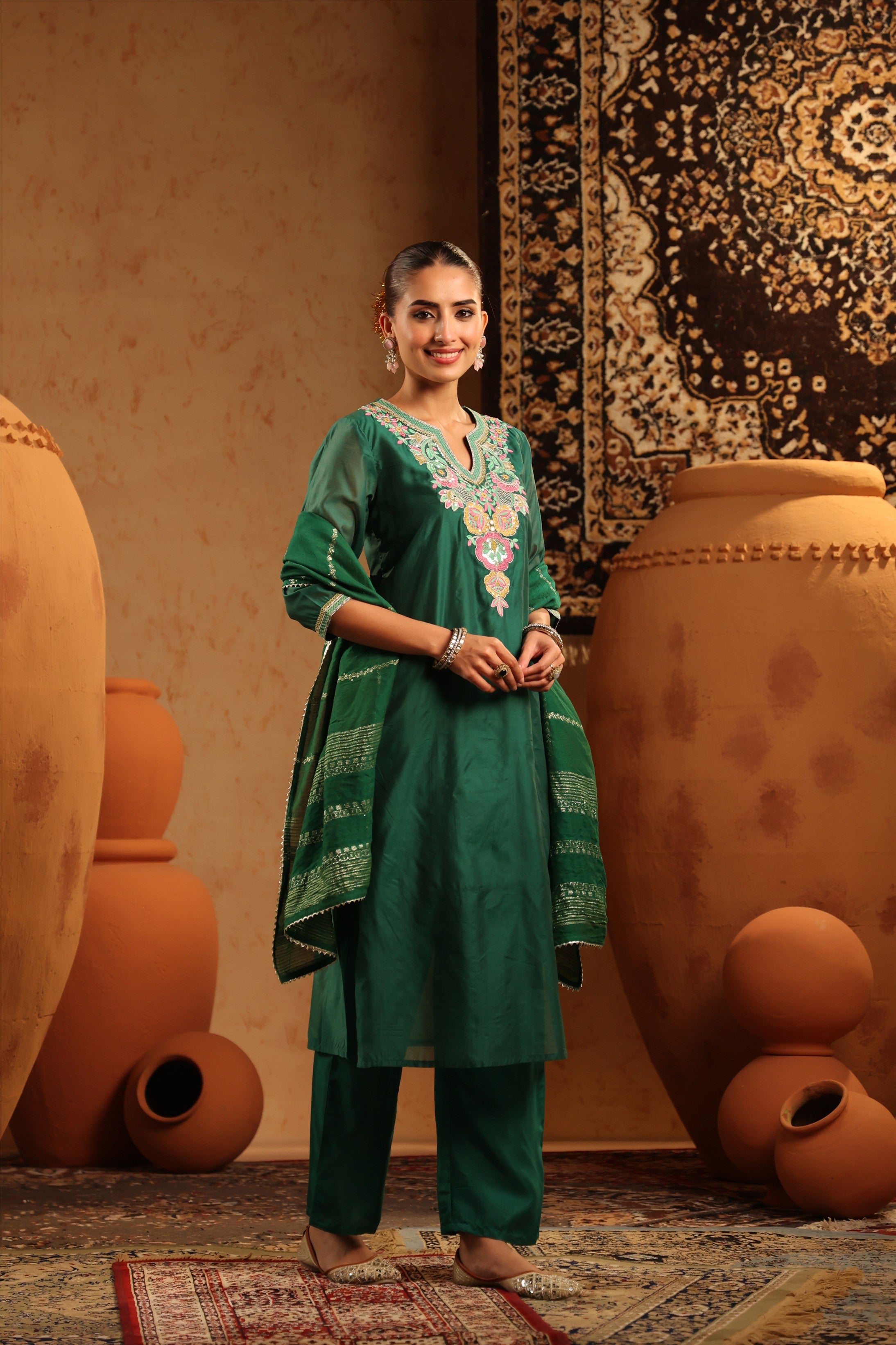 Green Mul Chanderi Embroidered Straight Suit Set
