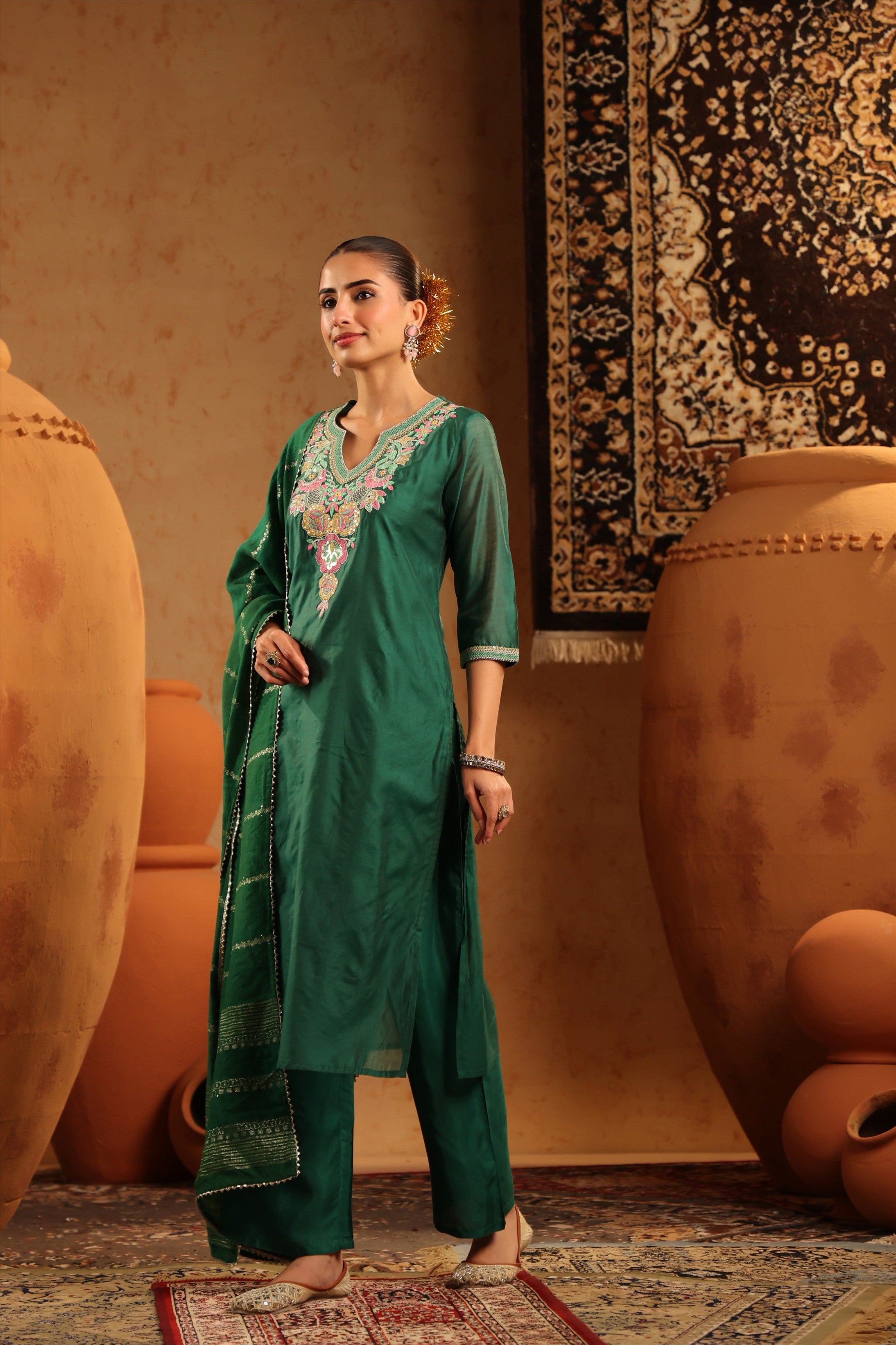 Green Mul Chanderi Embroidered Straight Suit Set