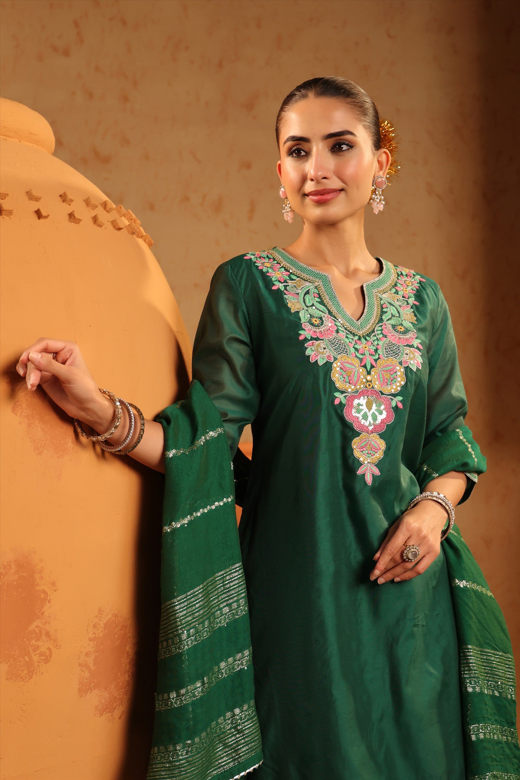 Green Mul Chanderi Embroidered Straight Suit Set