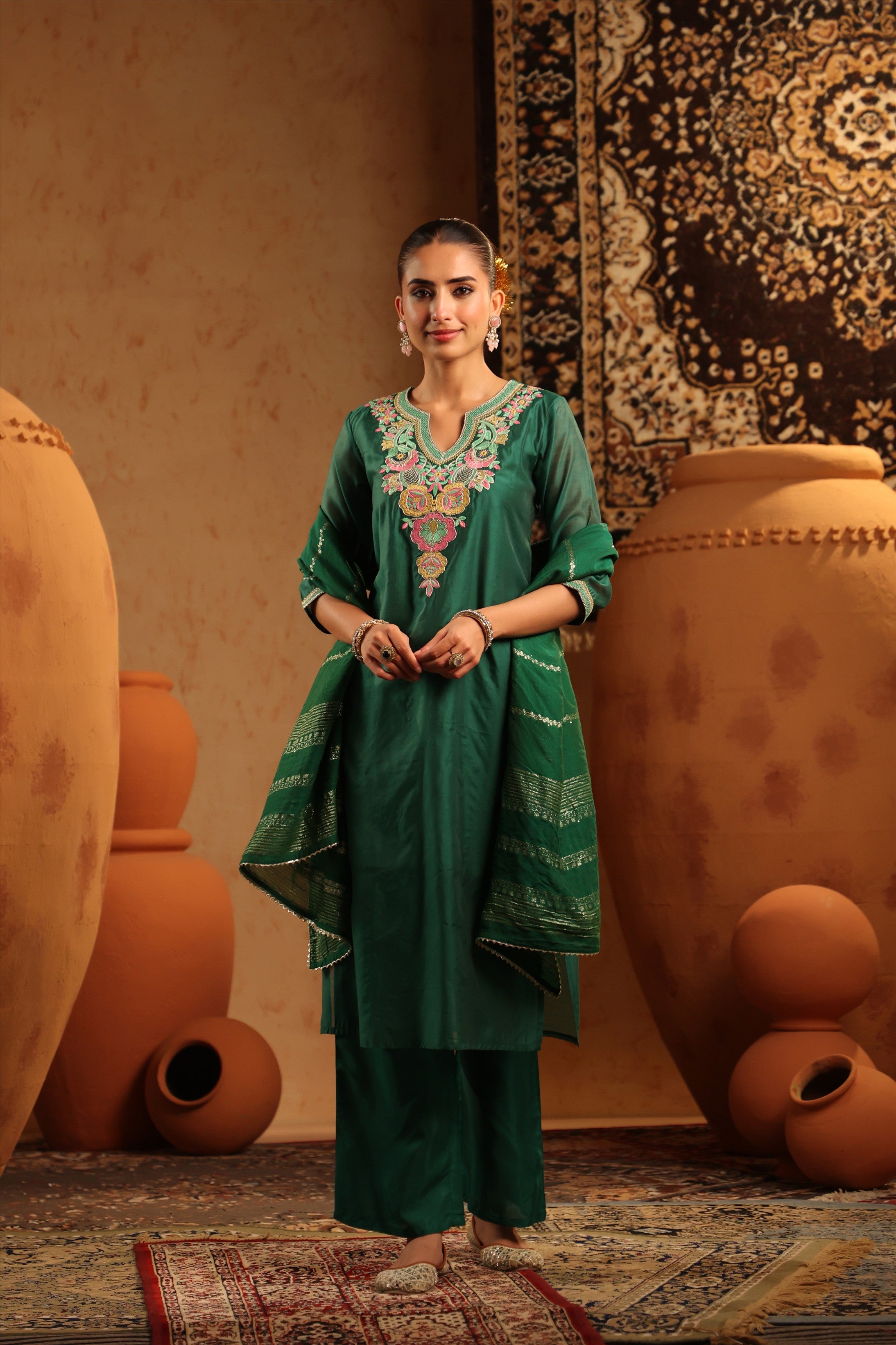 Green Mul Chanderi Embroidered Straight Suit Set