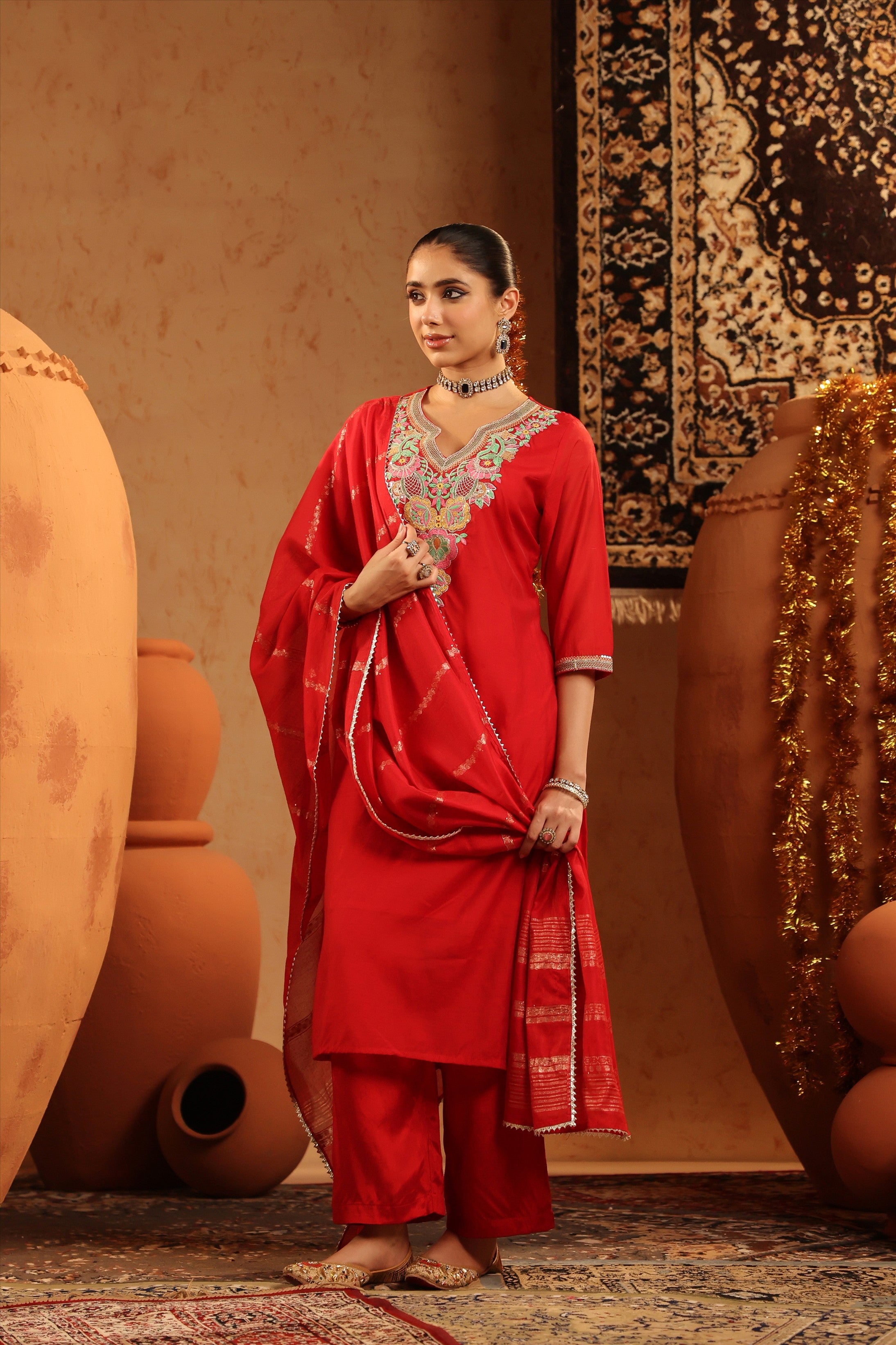 Red Mul Chanderi Embroidered Straight Suit Set