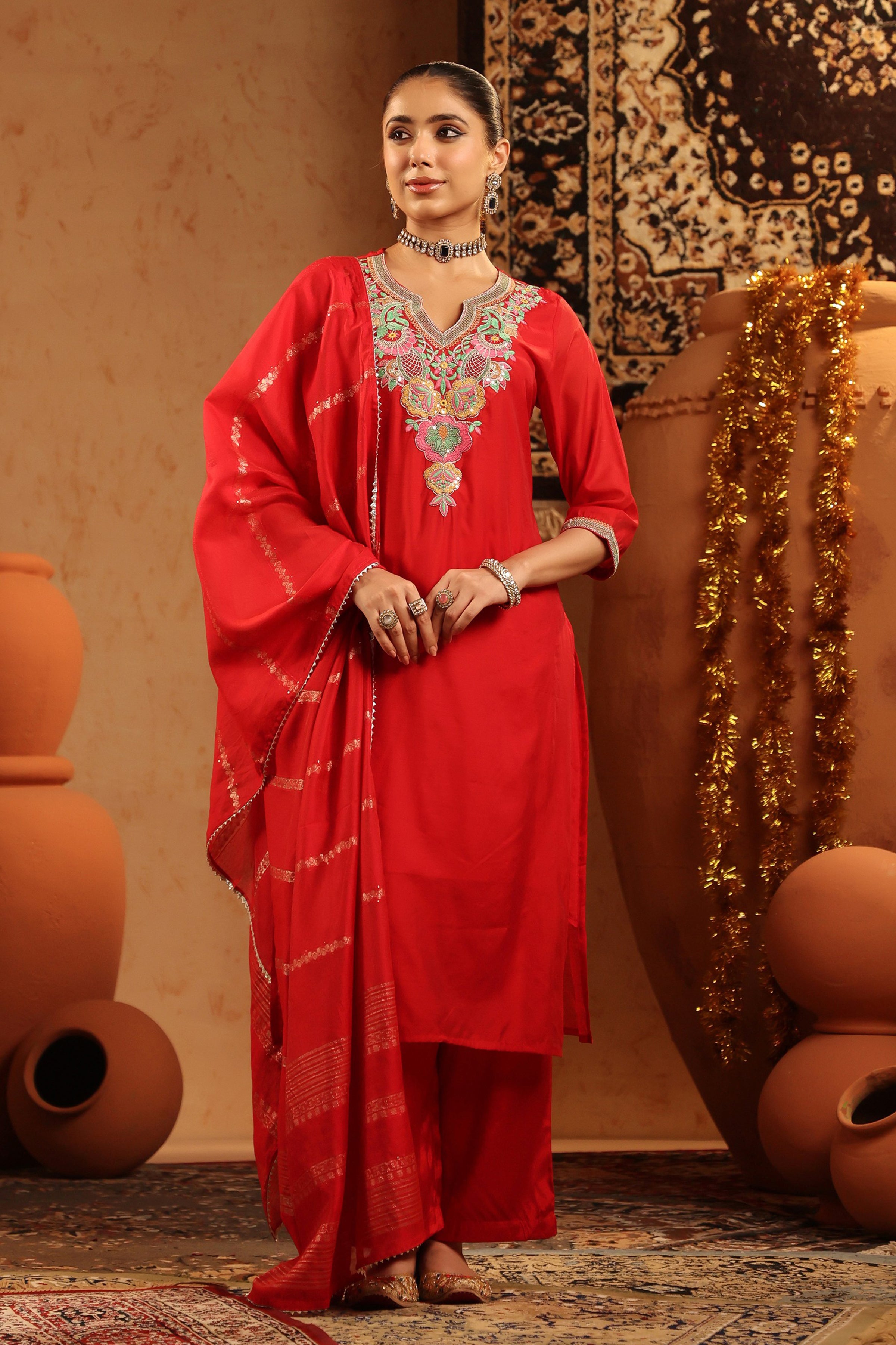 Red Mul Chanderi Embroidered Straight Suit Set