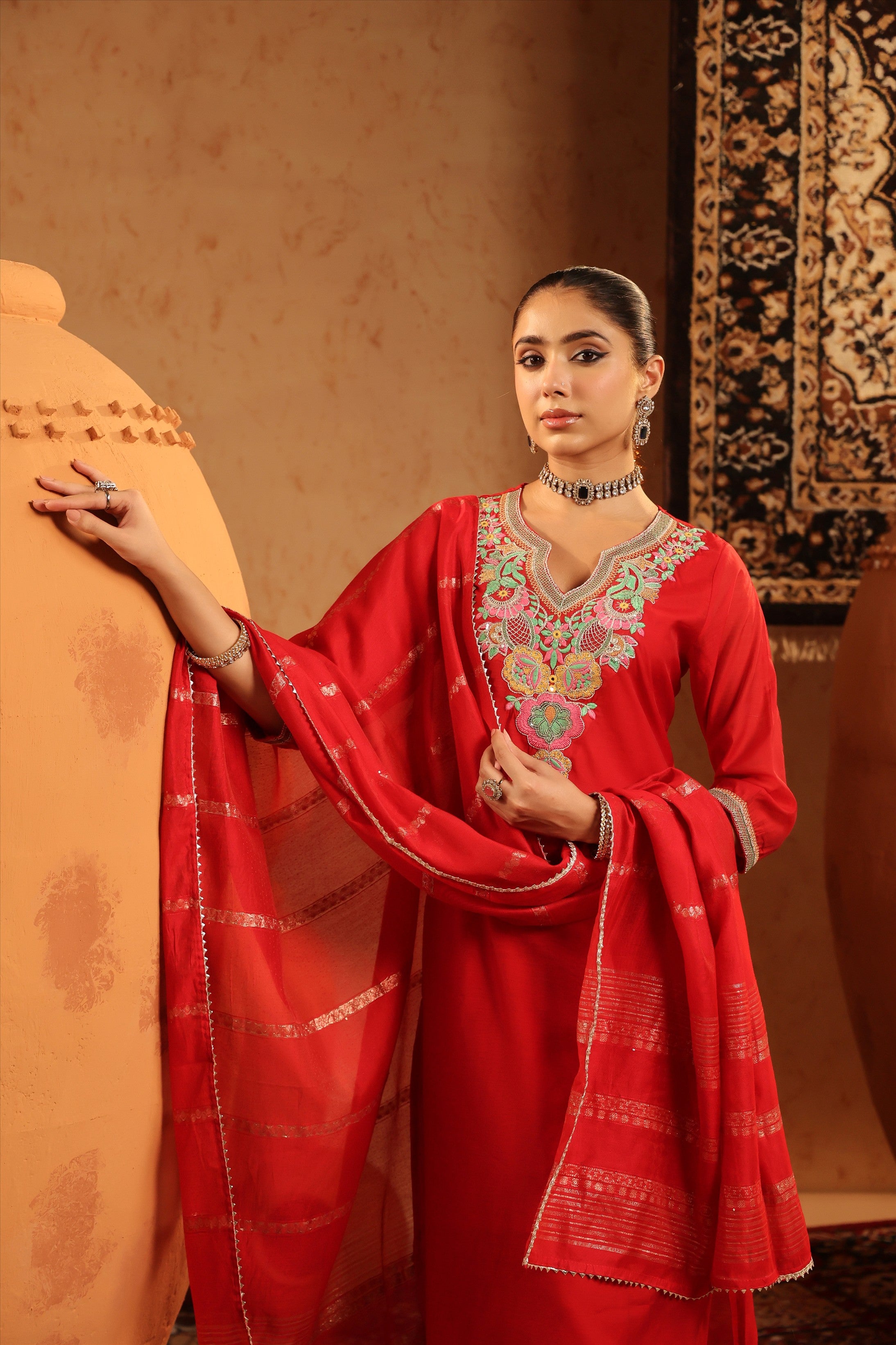 Red Mul Chanderi Embroidered Straight Suit Set