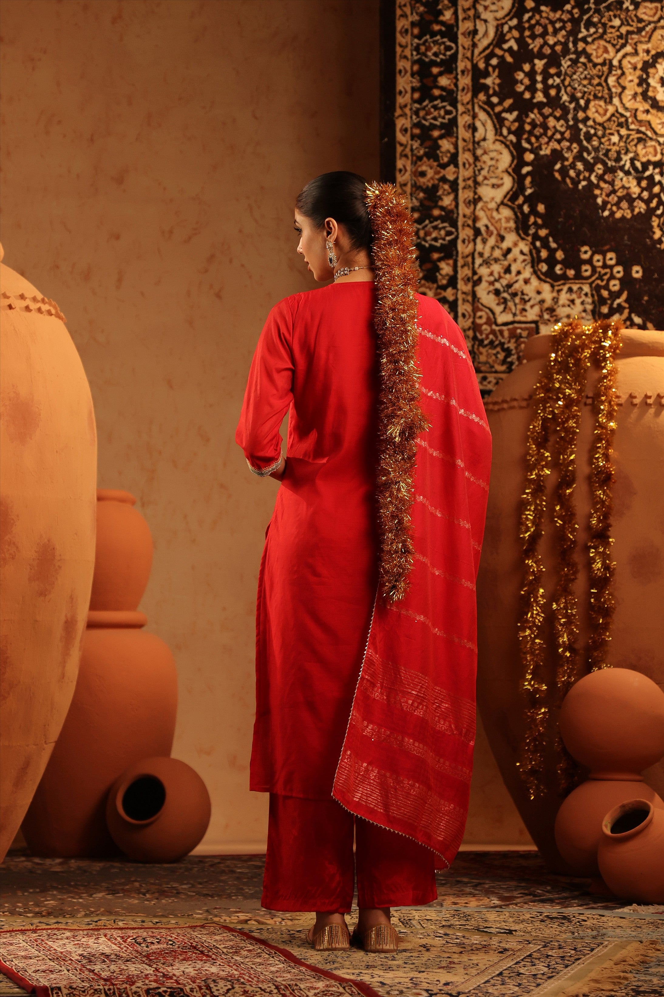 Red Mul Chanderi Embroidered Straight Suit Set