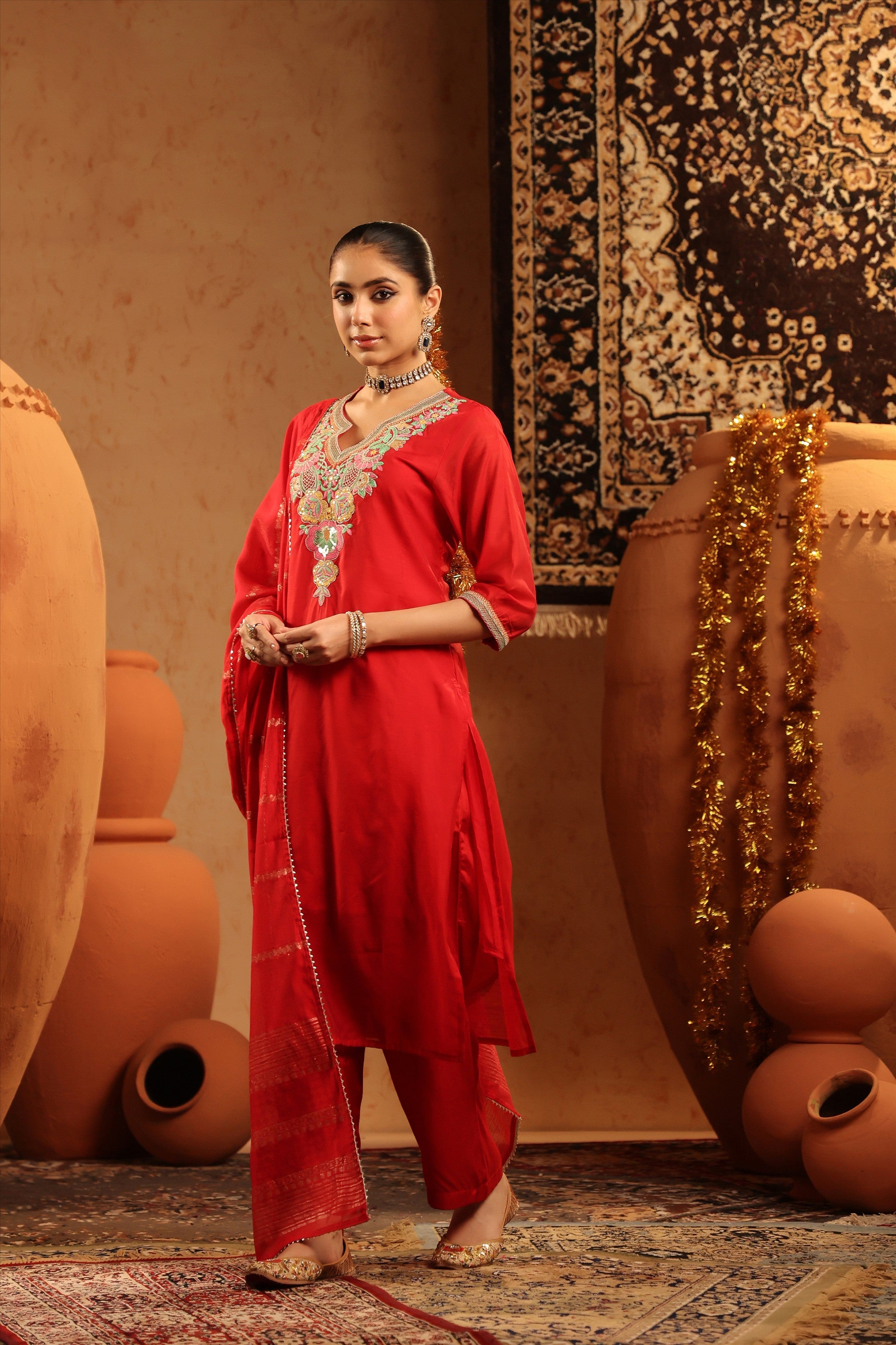 Red Mul Chanderi Embroidered Straight Suit Set