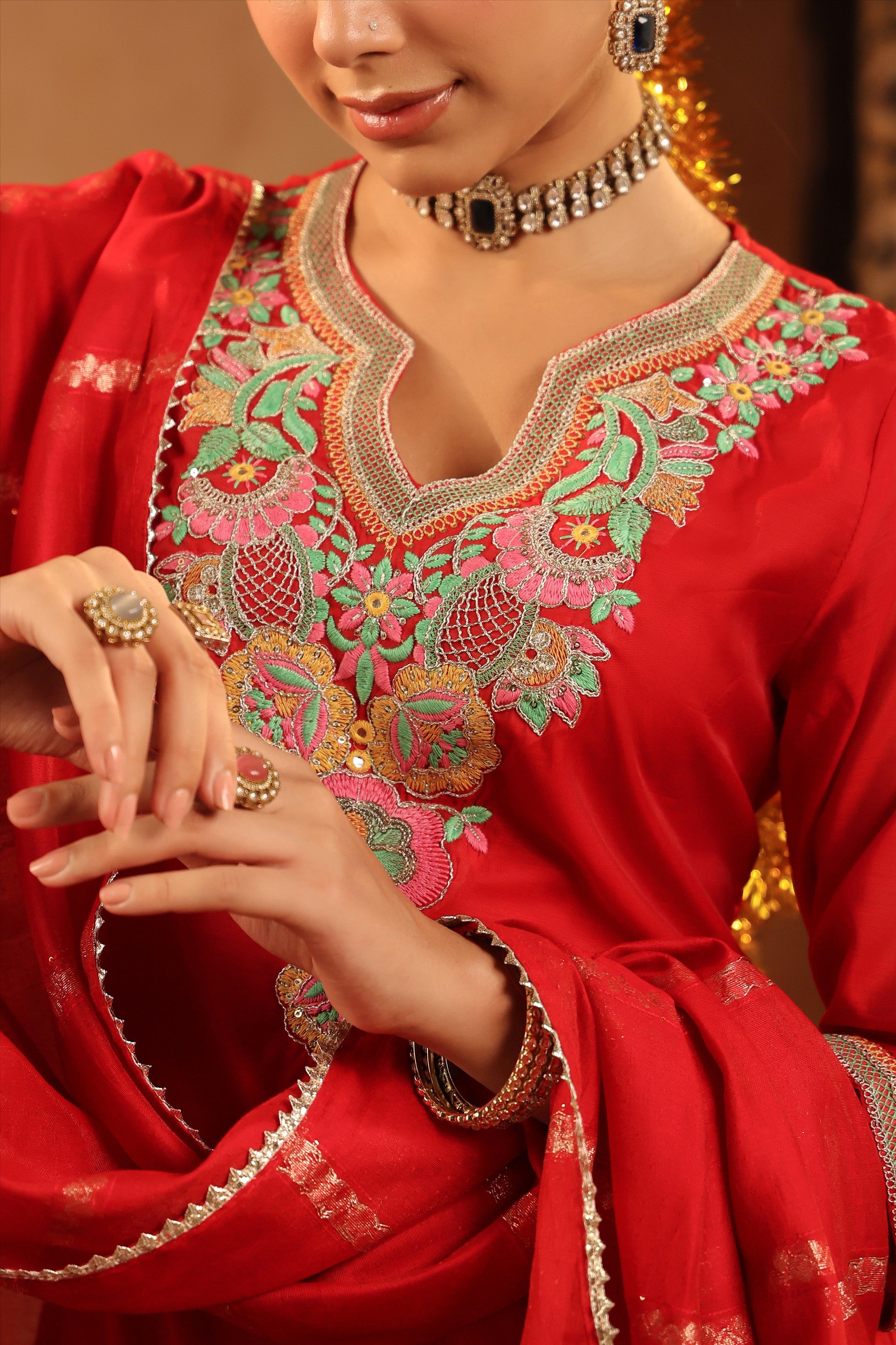 Red Mul Chanderi Embroidered Straight Suit Set