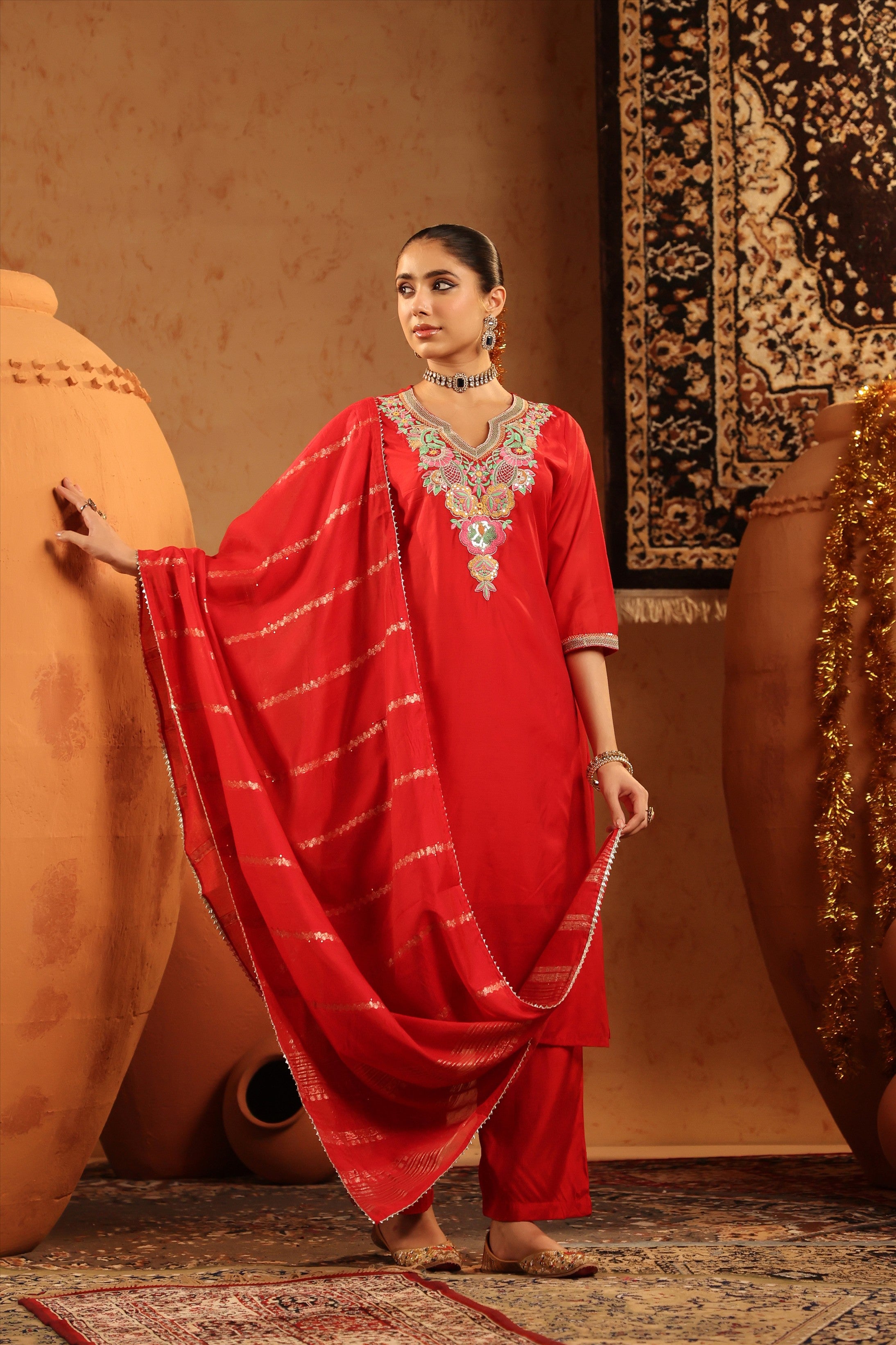 Red Mul Chanderi Embroidered Straight Suit Set