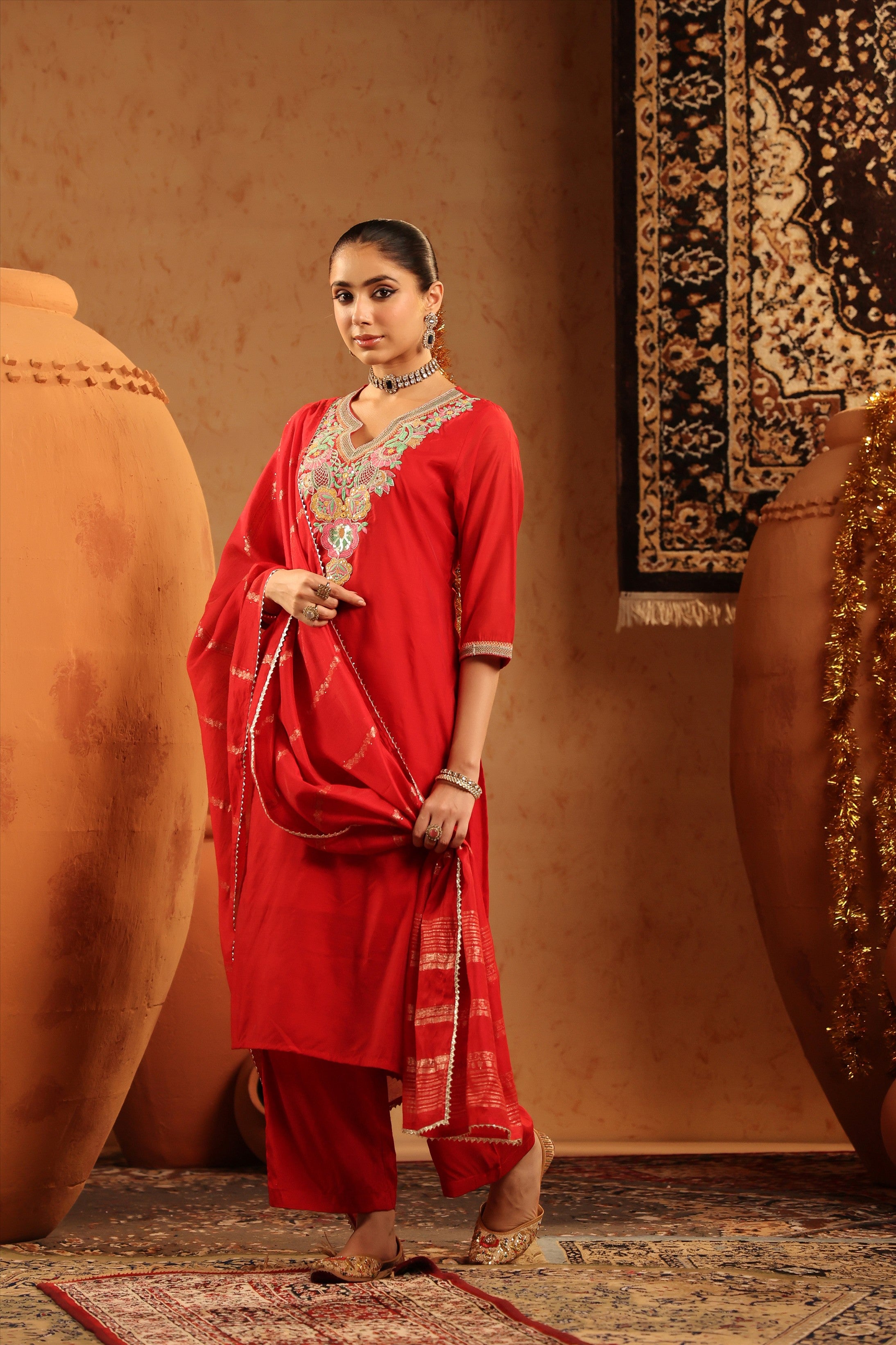 Red Mul Chanderi Embroidered Straight Suit Set