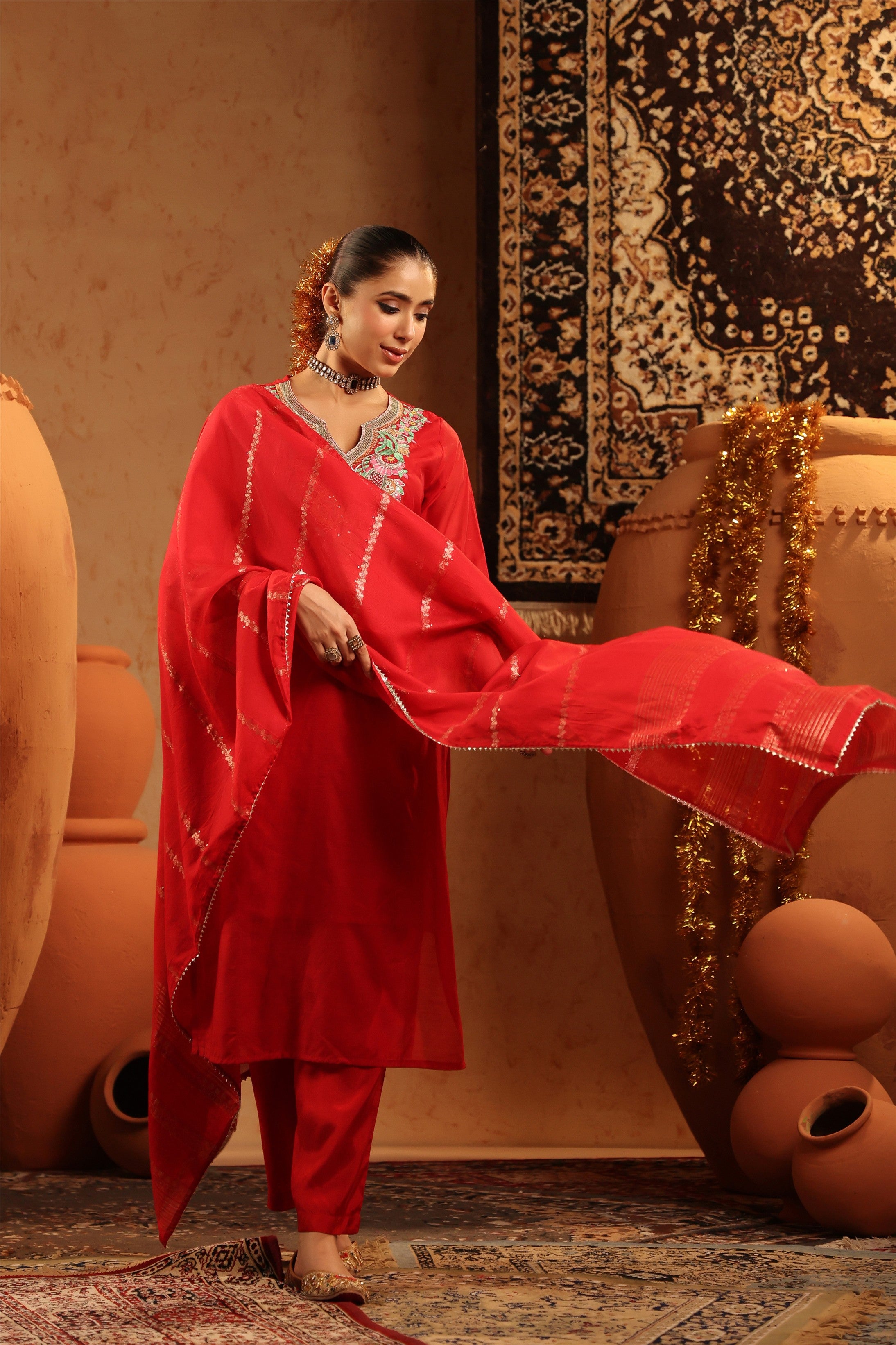 Red Mul Chanderi Embroidered Straight Suit Set