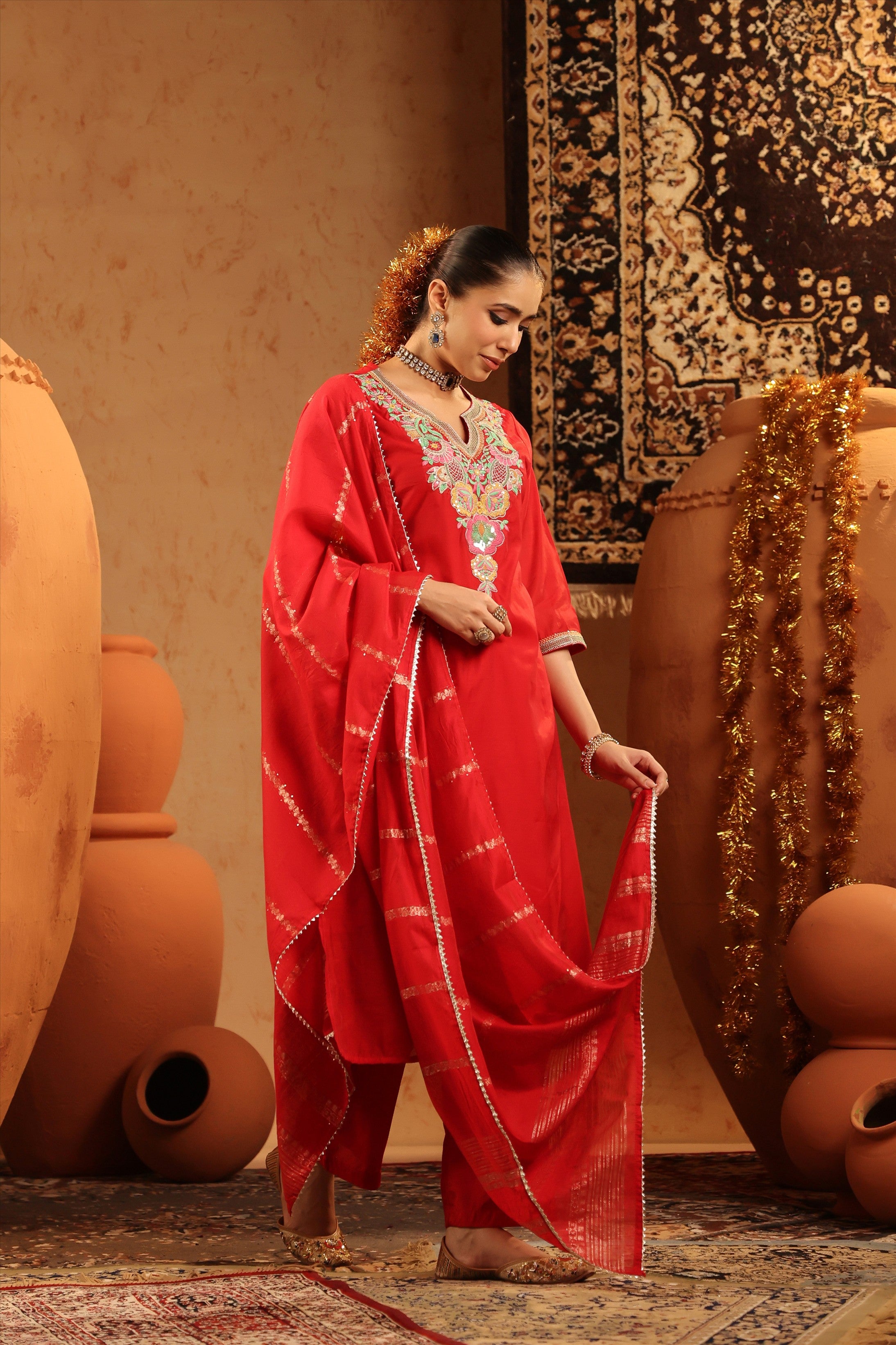 Red Mul Chanderi Embroidered Straight Suit Set