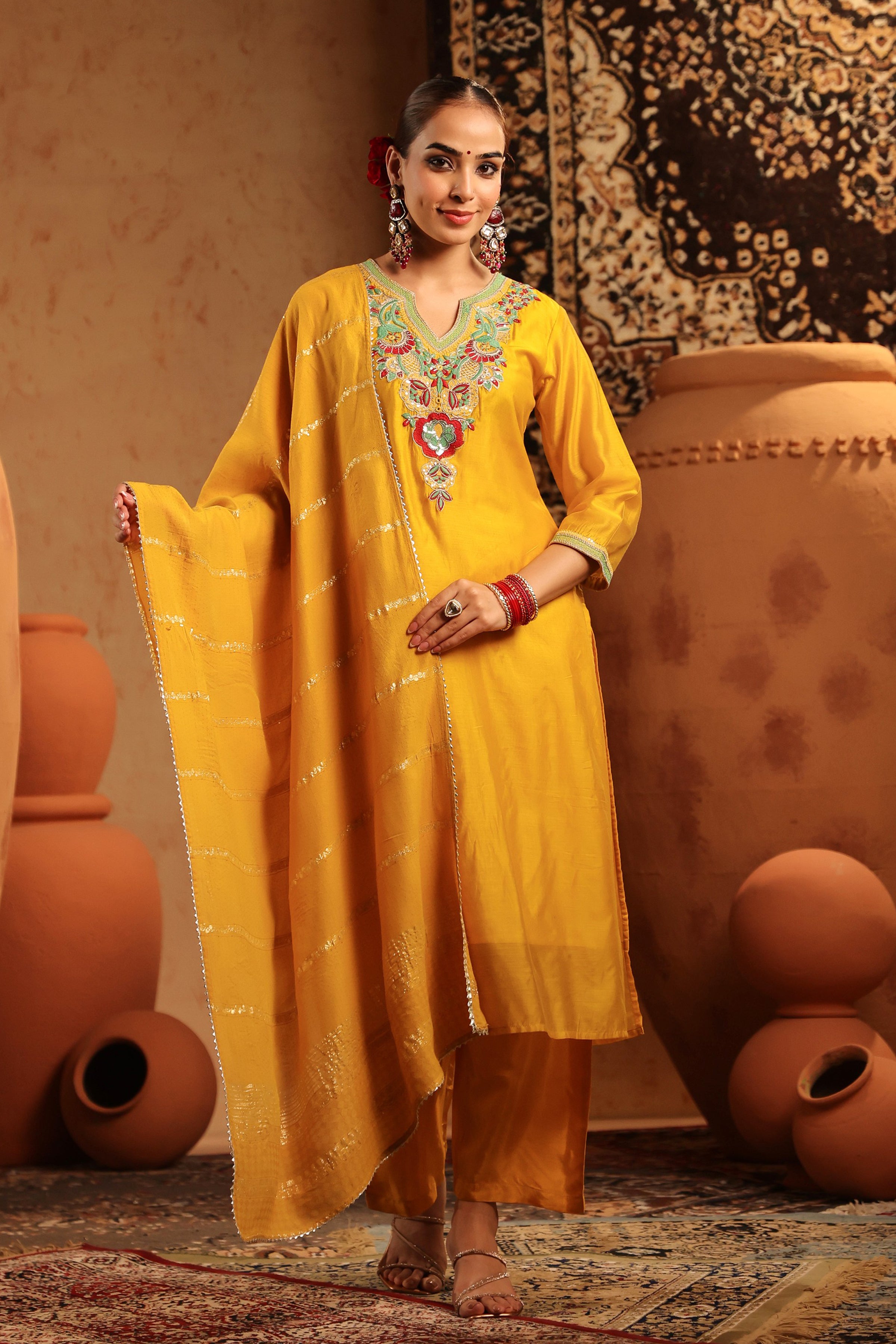 Yellow Mul Chanderi Embroidered Straight Suit Set