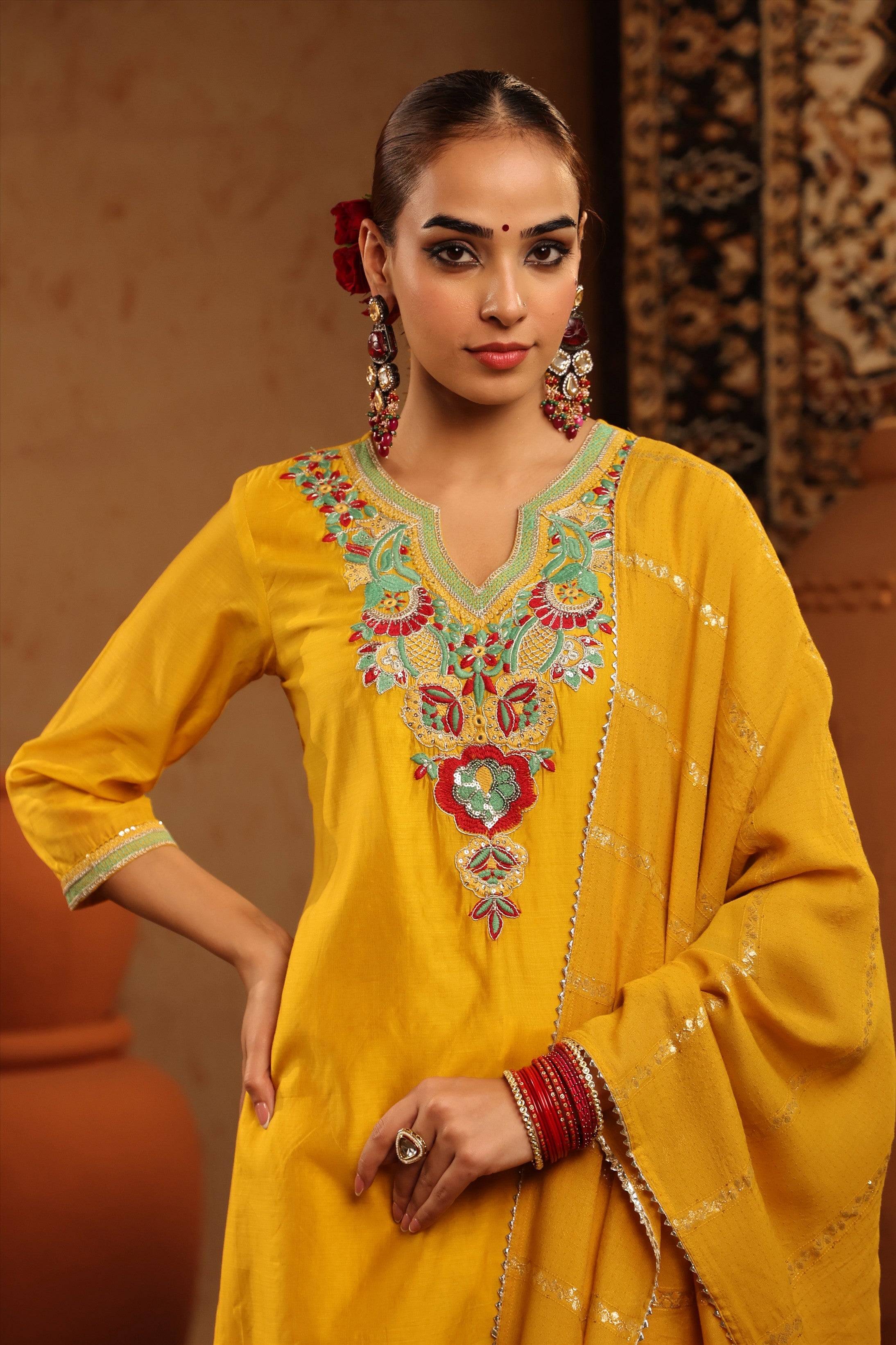 Yellow Mul Chanderi Embroidered Straight Suit Set