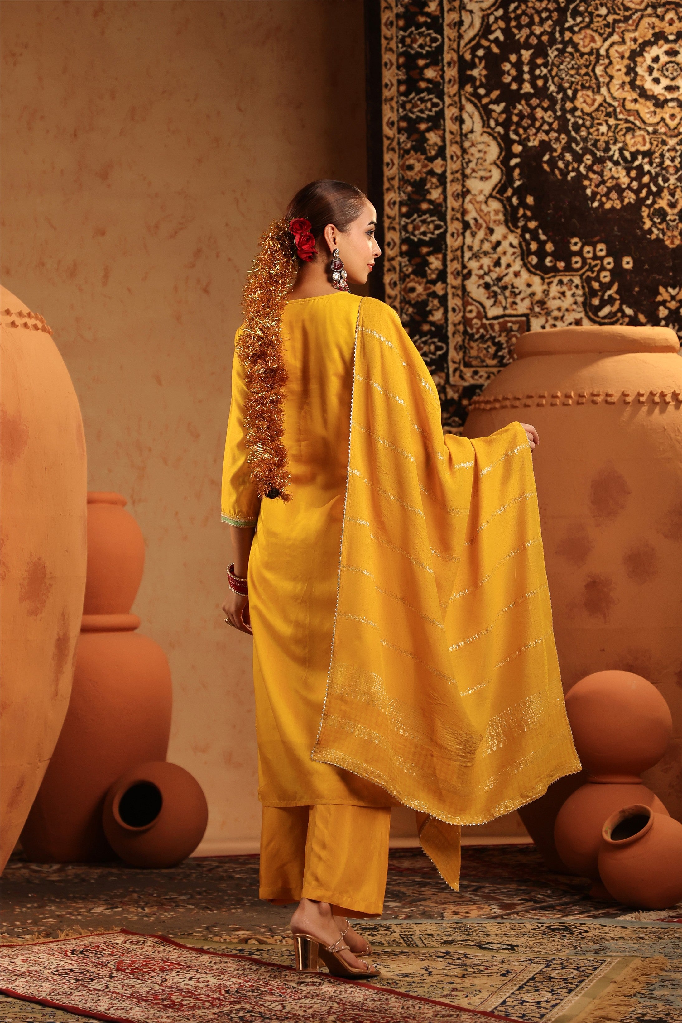 Yellow Mul Chanderi Embroidered Straight Suit Set