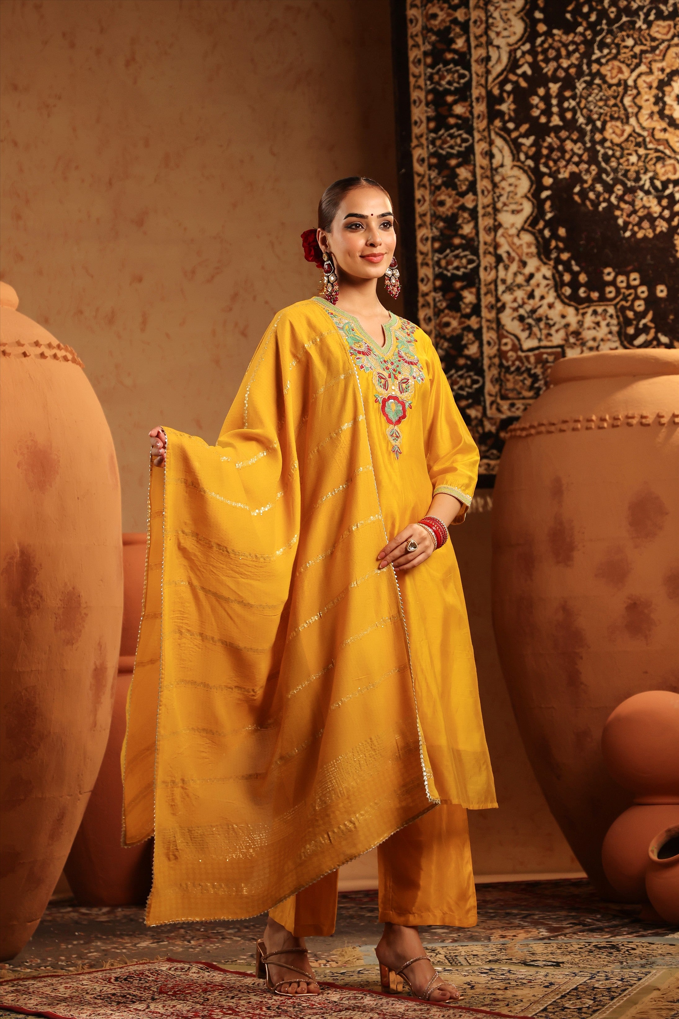 Yellow Mul Chanderi Embroidered Straight Suit Set