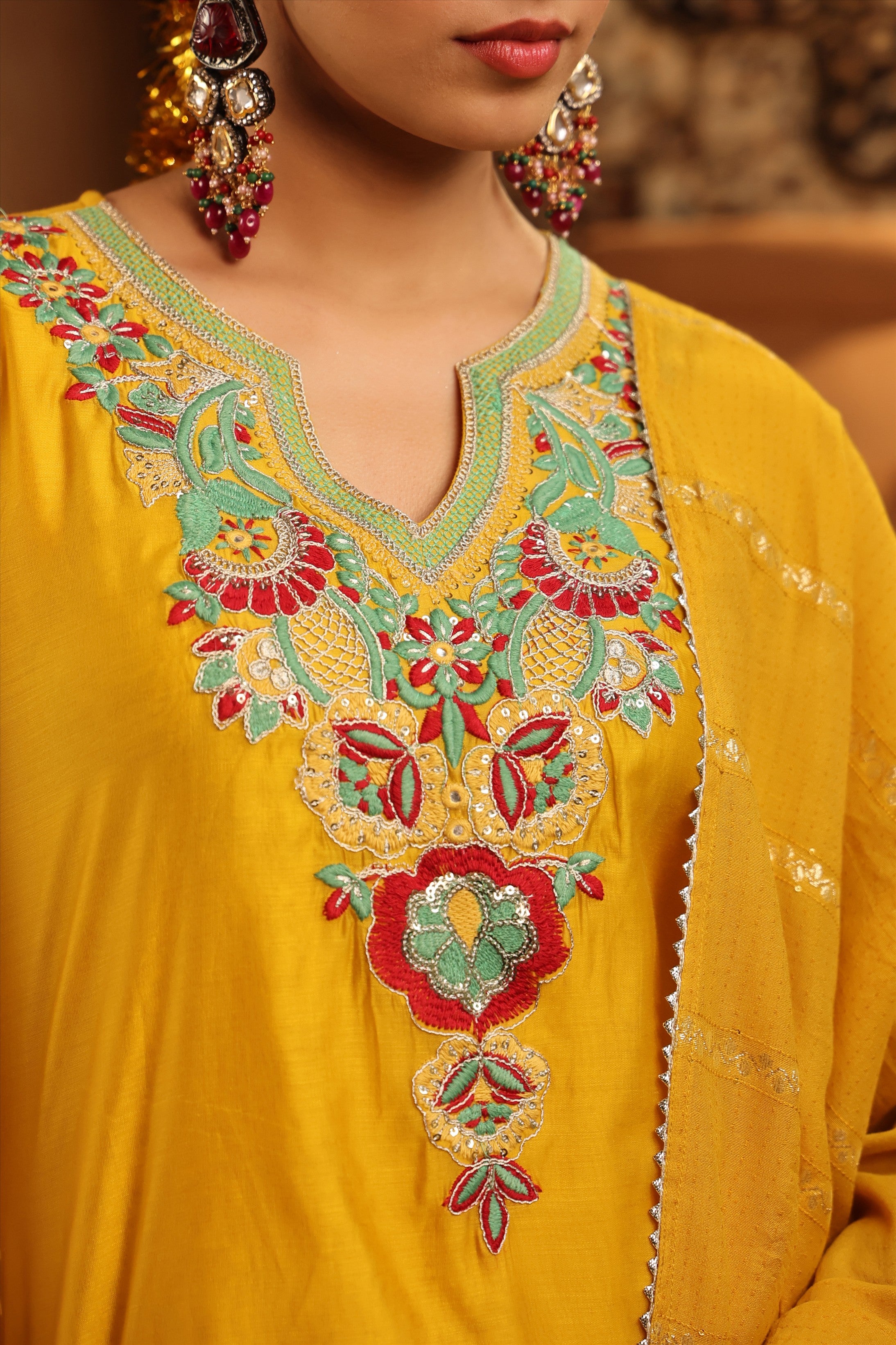 Yellow Mul Chanderi Embroidered Straight Suit Set