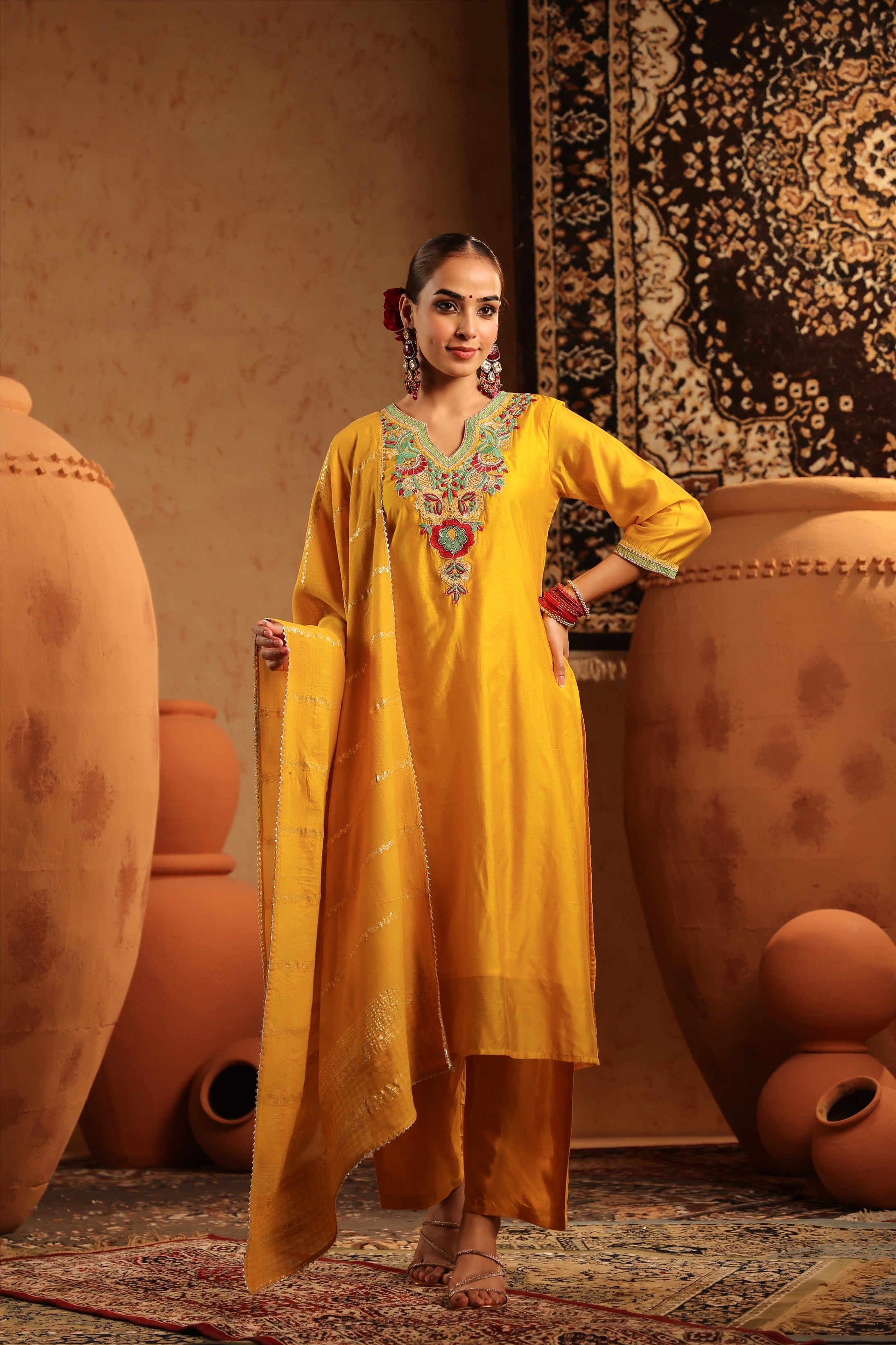 Yellow Mul Chanderi Embroidered Straight Suit Set