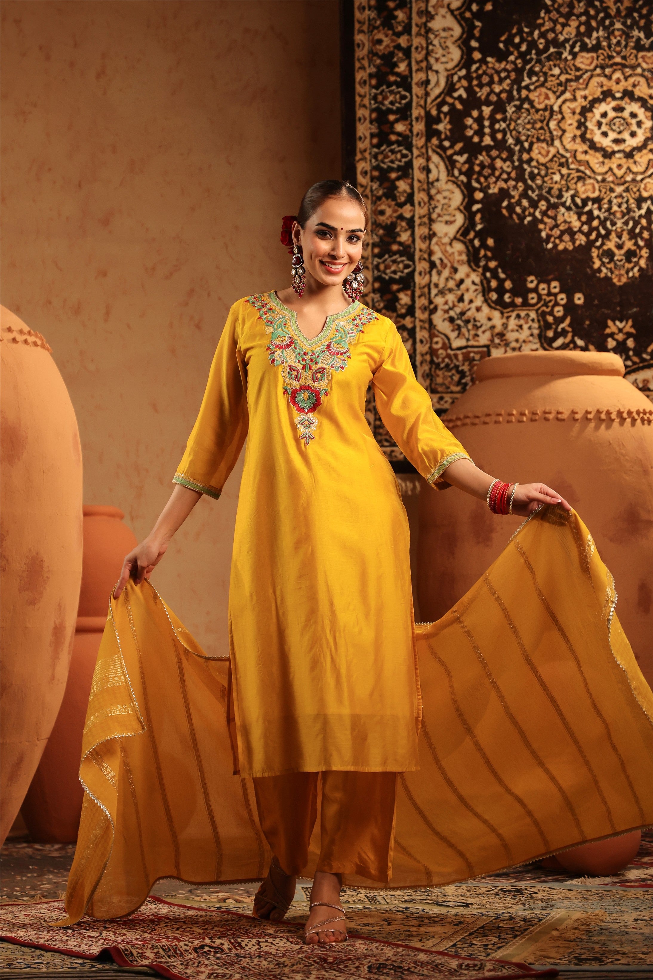 Yellow Mul Chanderi Embroidered Straight Suit Set