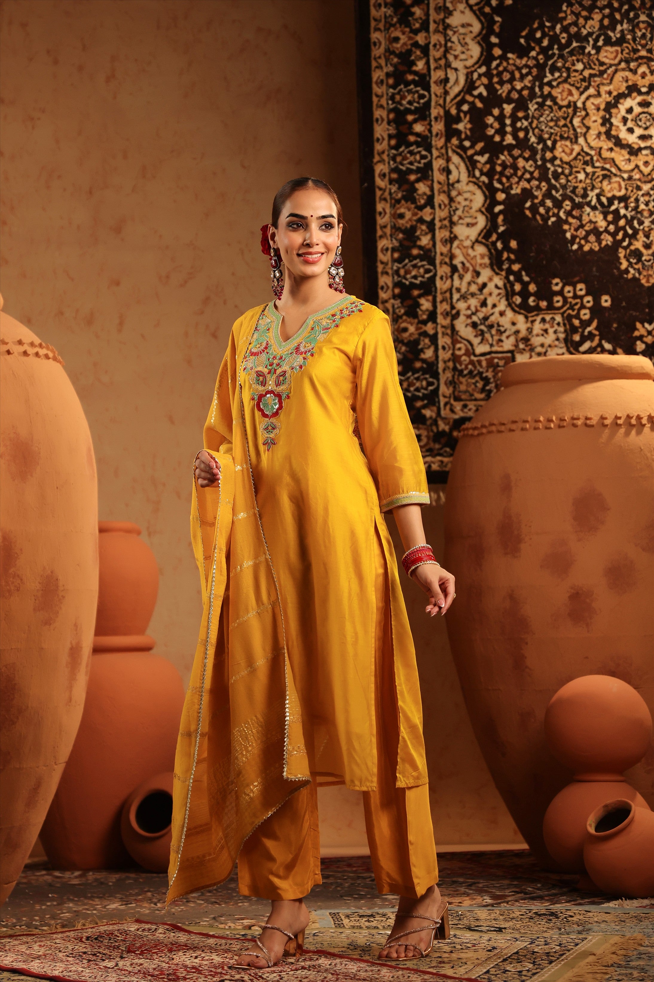 Yellow Mul Chanderi Embroidered Straight Suit Set