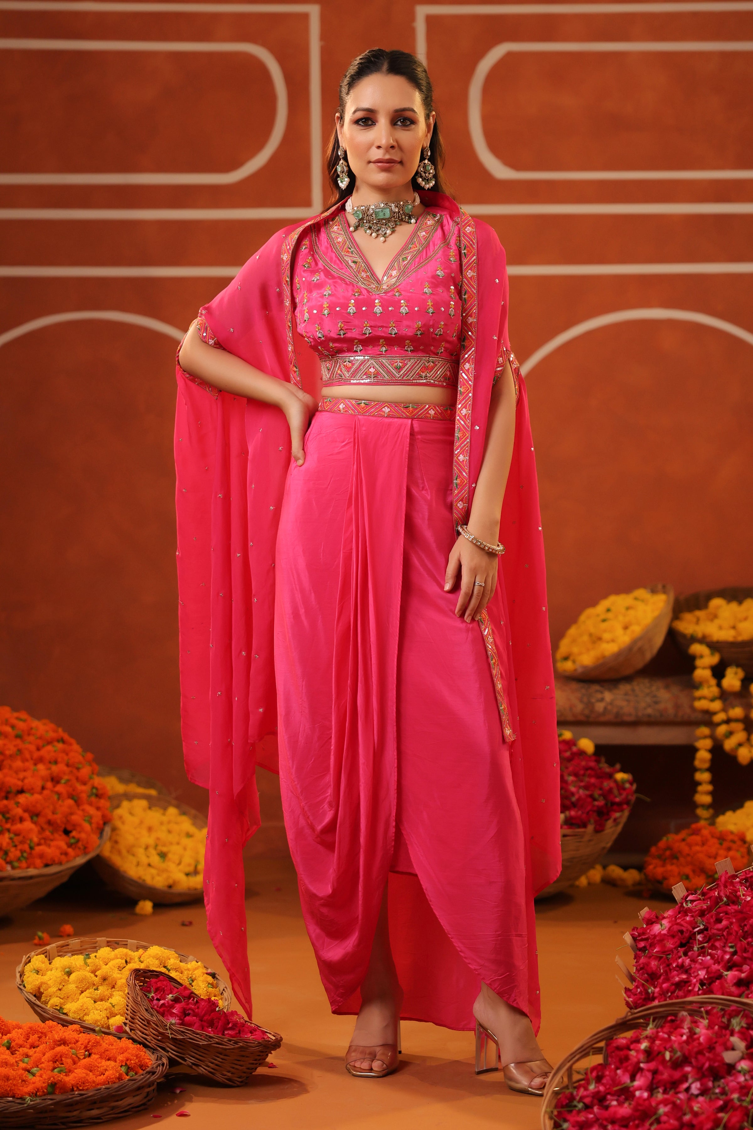 Hot Pink Crepe Silk Embroidered Drape Skirt Set With Cape