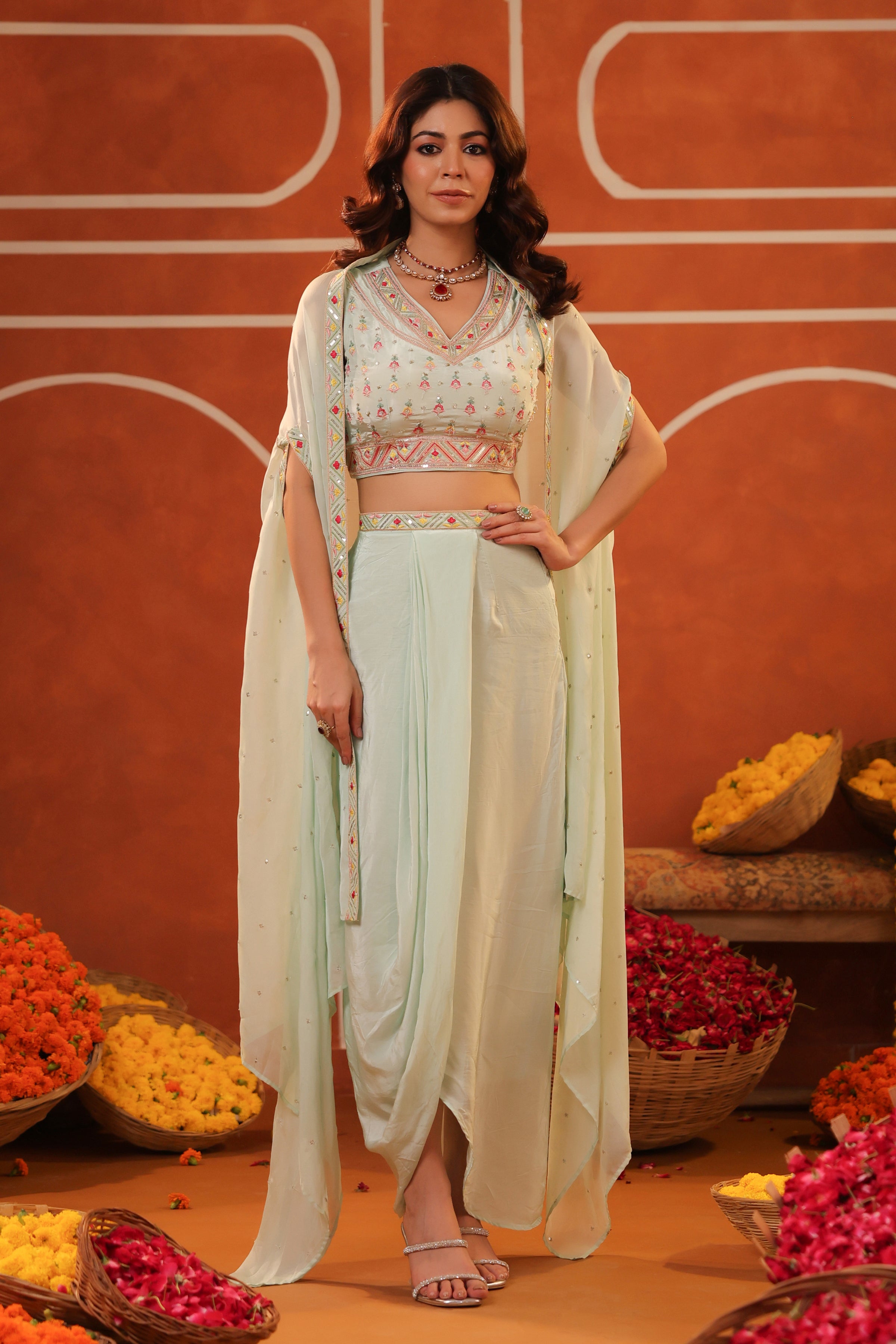 Mint Crepe Silk Embroidered Drape Skirt Set With Cape