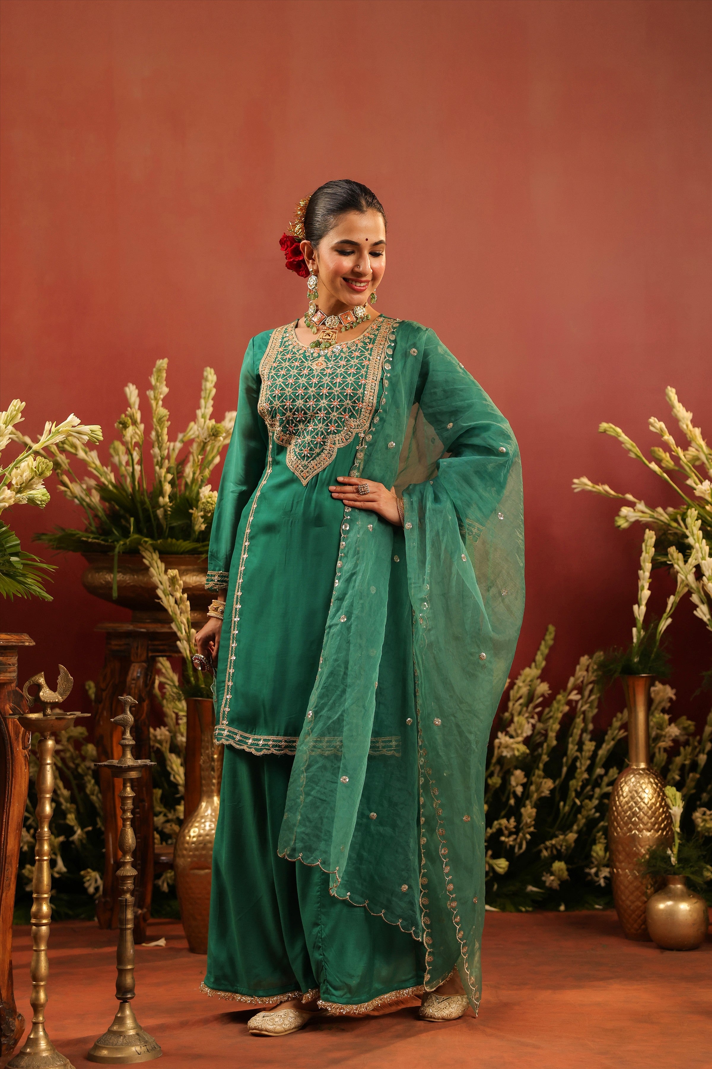 Green Organza Silk Zari Embroidered Sharara Set