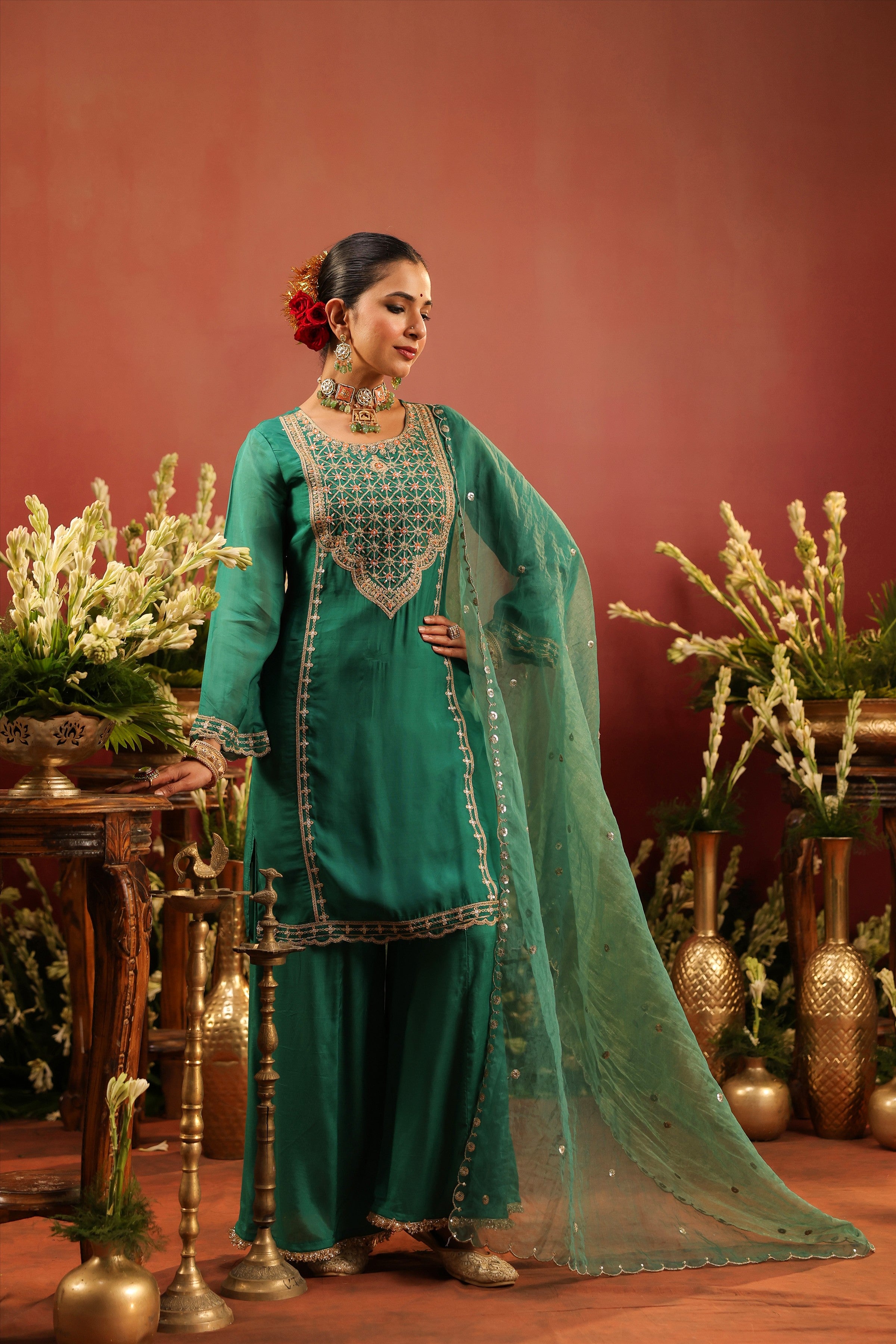 Green Organza Silk Zari Embroidered Sharara Set