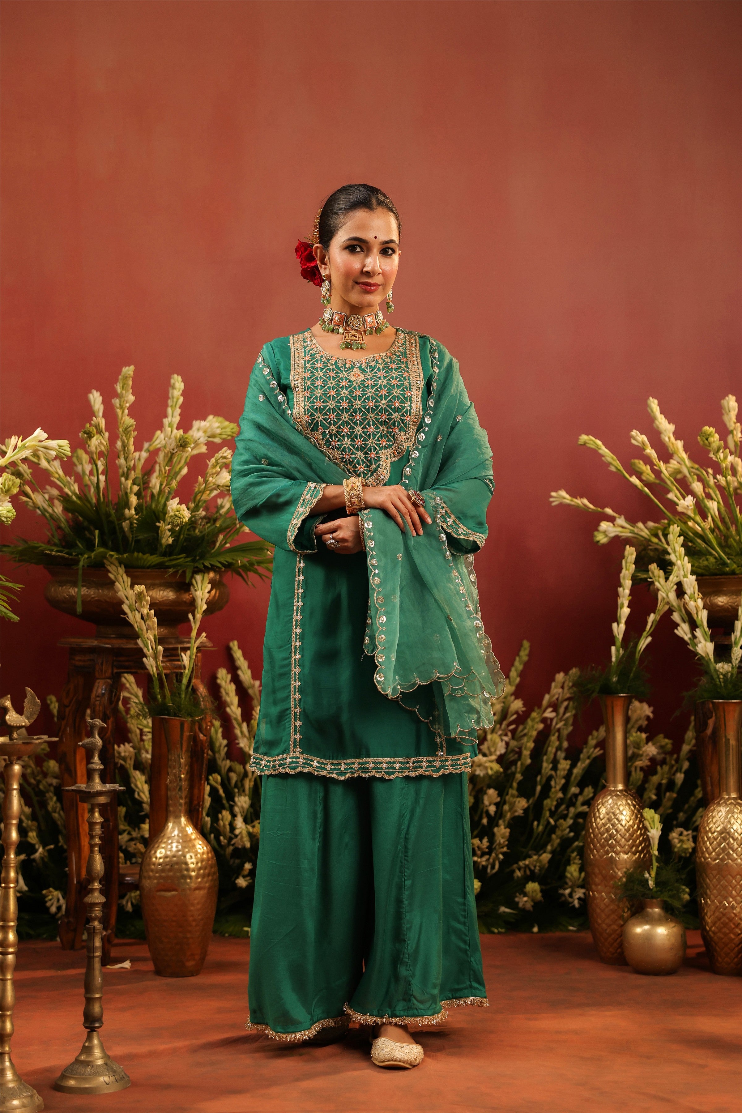 Green Organza Silk Zari Embroidered Sharara Set