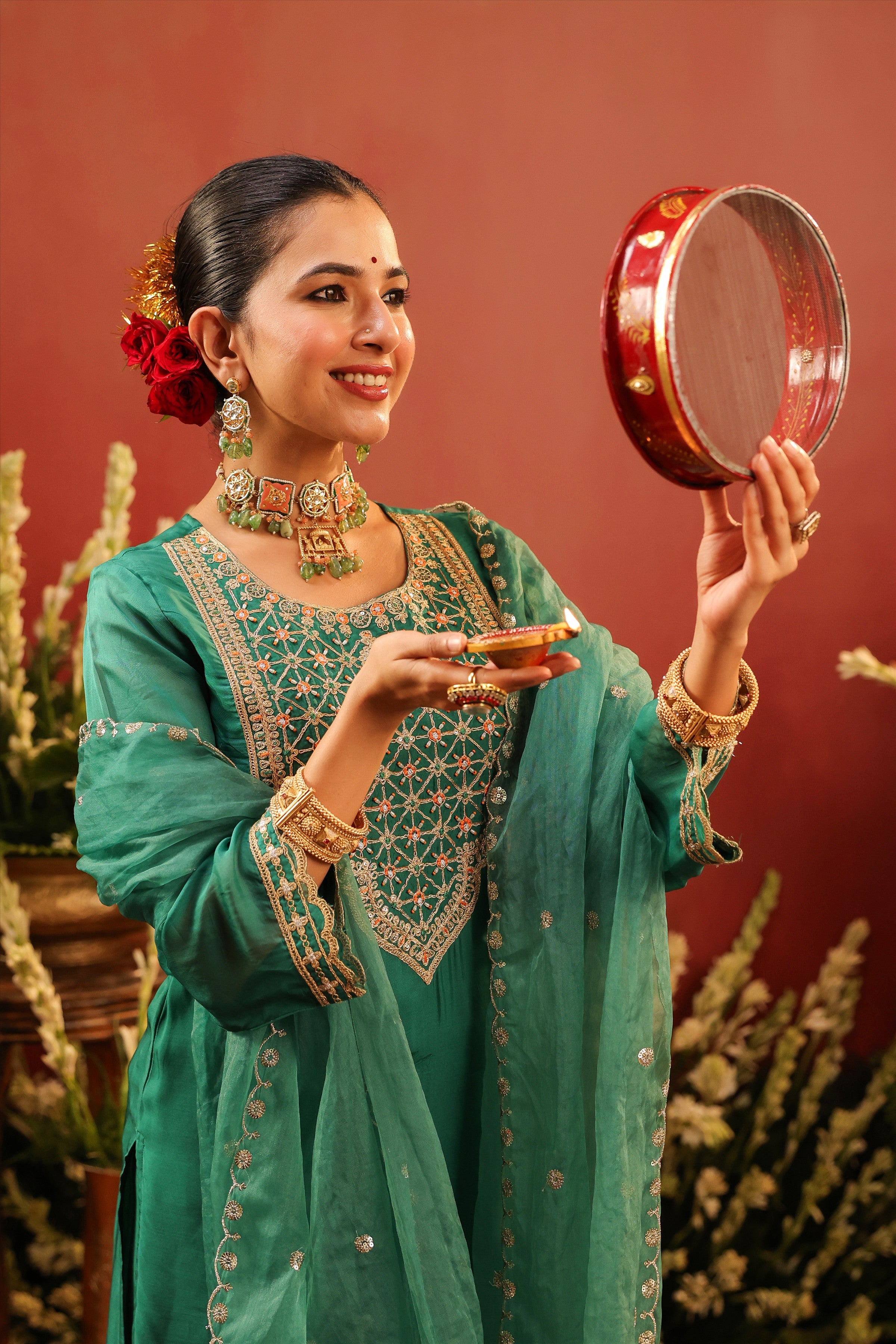 Green Organza Silk Zari Embroidered Sharara Set