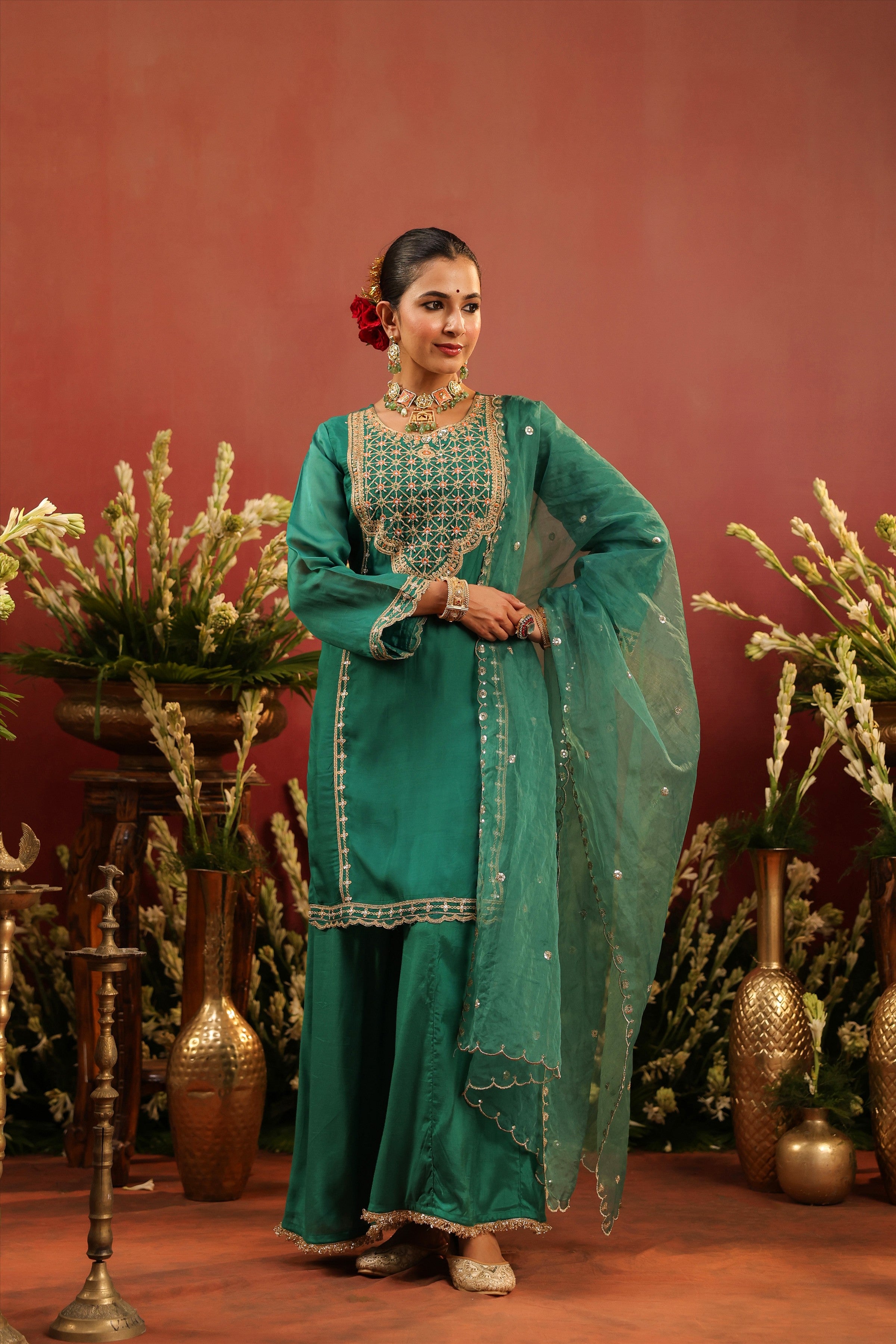 Green Organza Silk Zari Embroidered Sharara Set