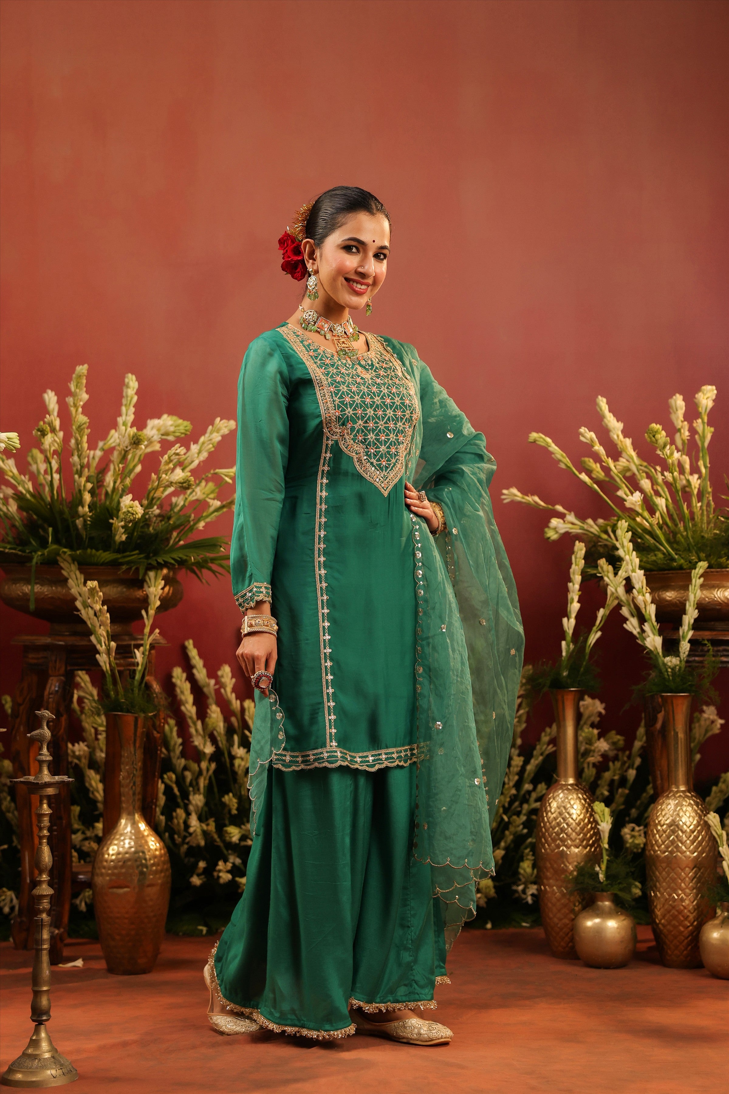 Green Organza Silk Zari Embroidered Sharara Set
