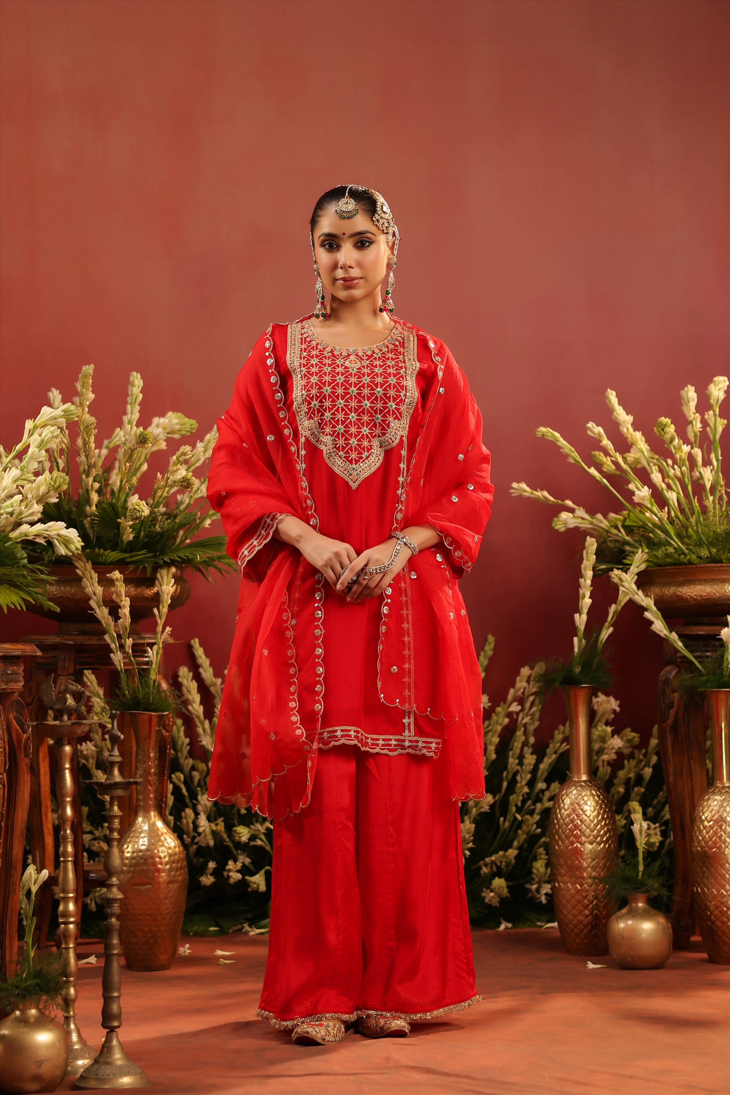 Red Organza Silk Zari Embroidered Sharara Set