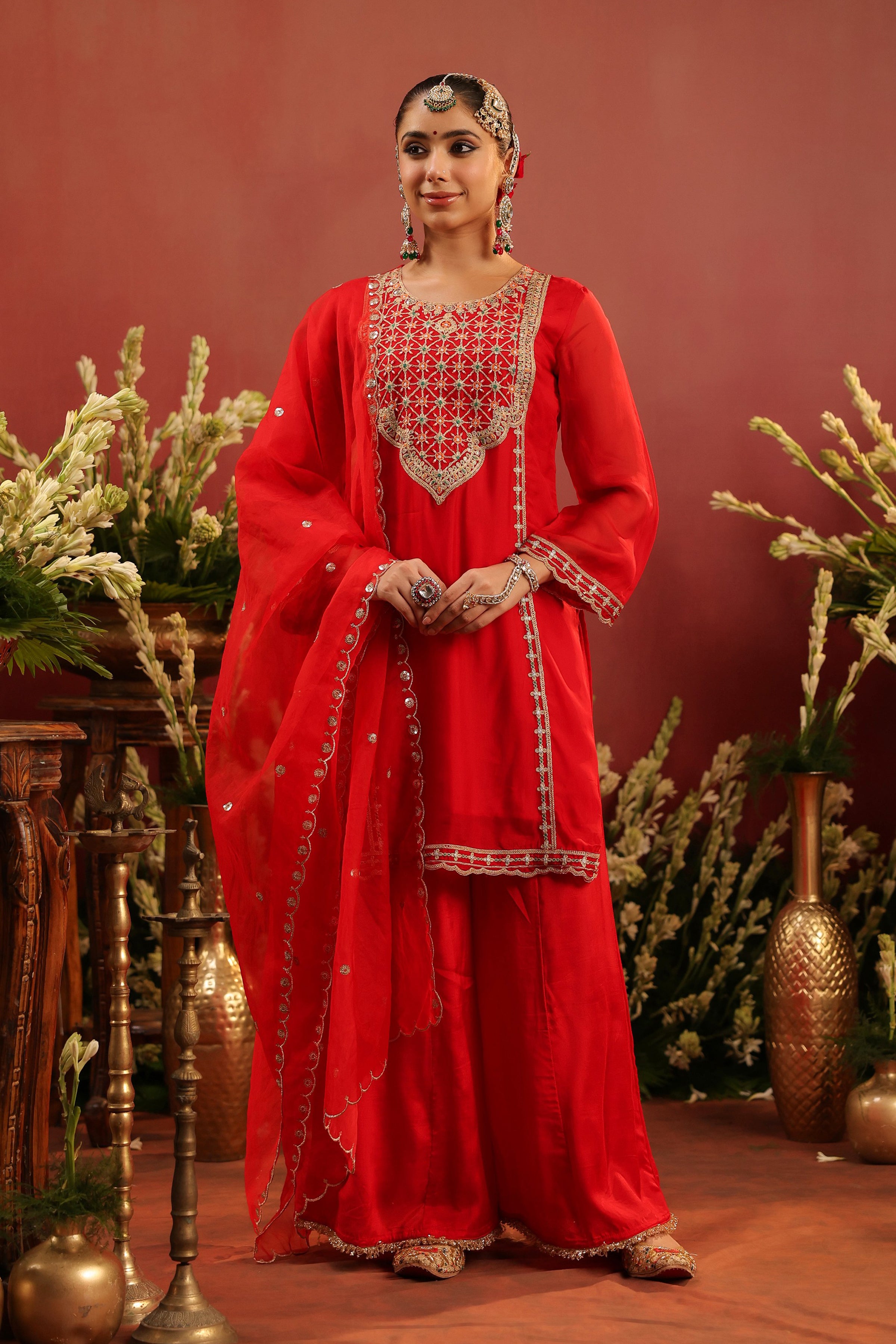 Red Organza Silk Zari Embroidered Sharara Set