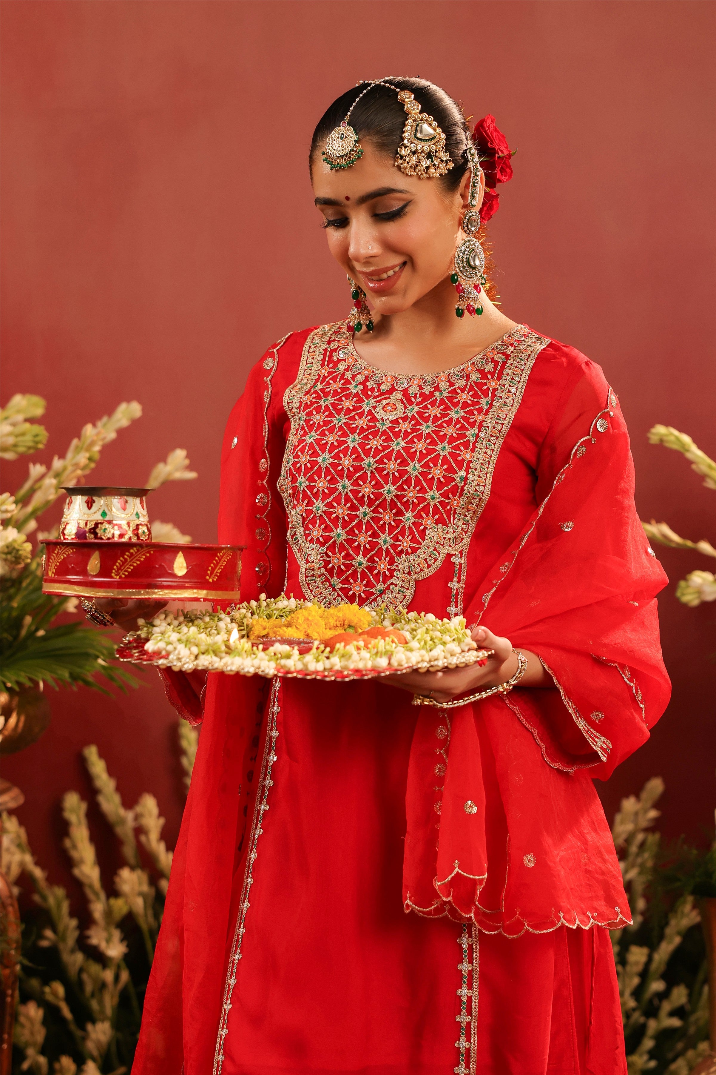 Red Organza Silk Zari Embroidered Sharara Set