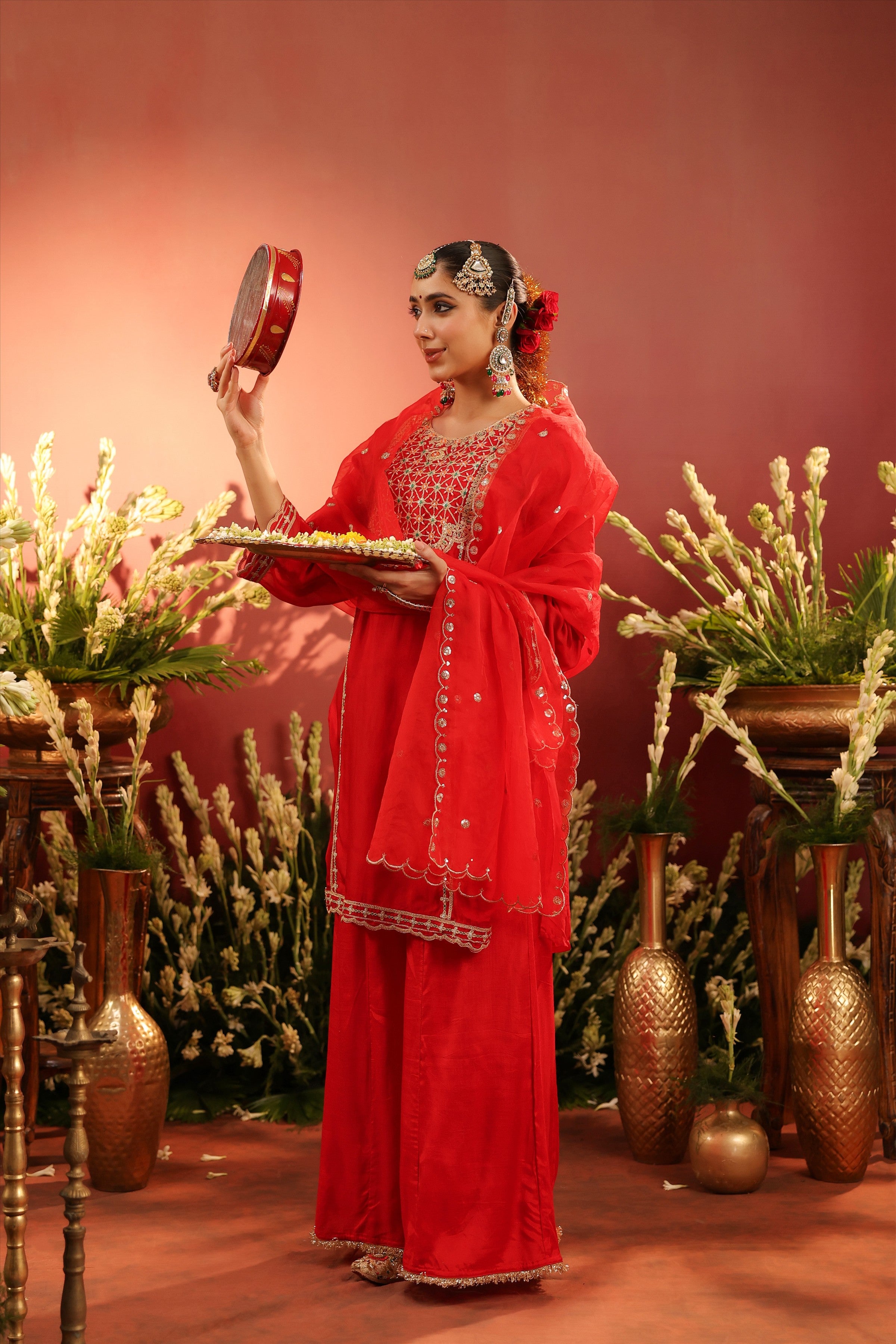 Red Organza Silk Zari Embroidered Sharara Set
