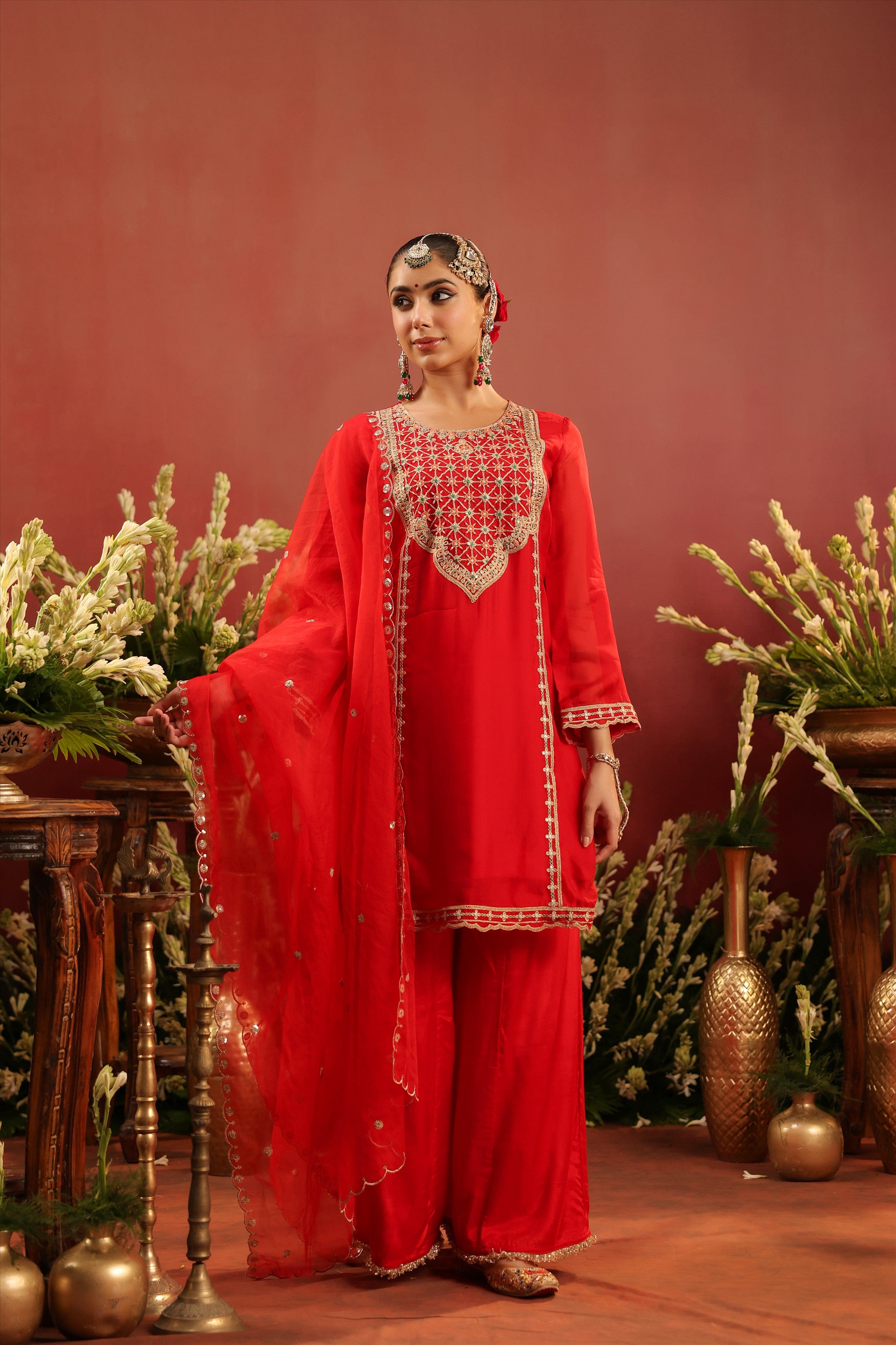 Red Organza Silk Zari Embroidered Sharara Set