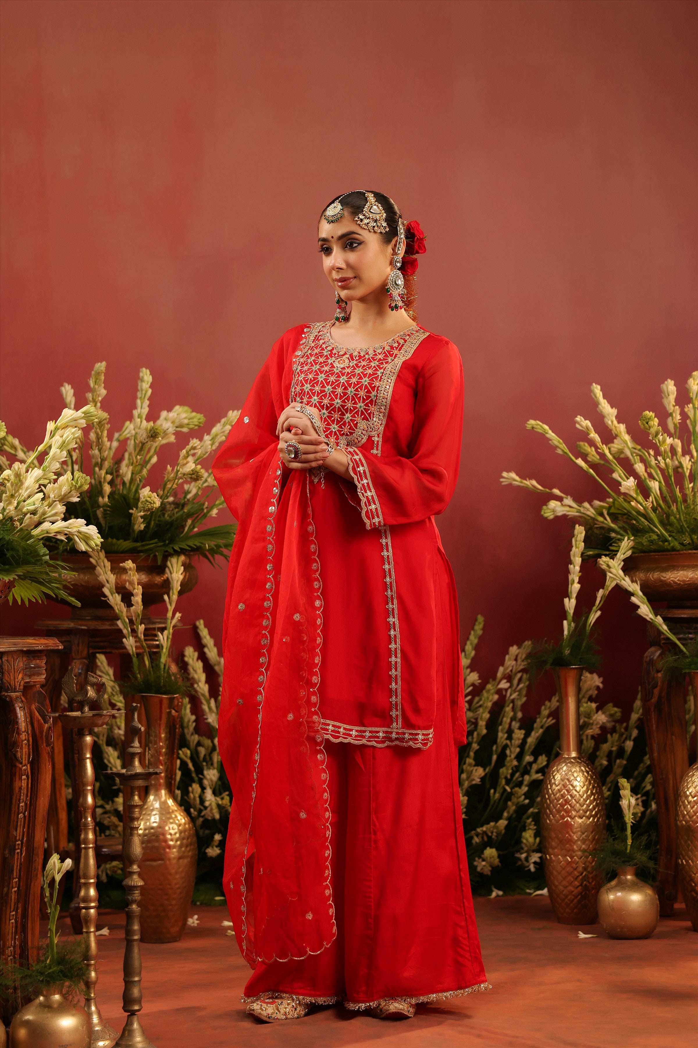 Red Organza Silk Zari Embroidered Sharara Set