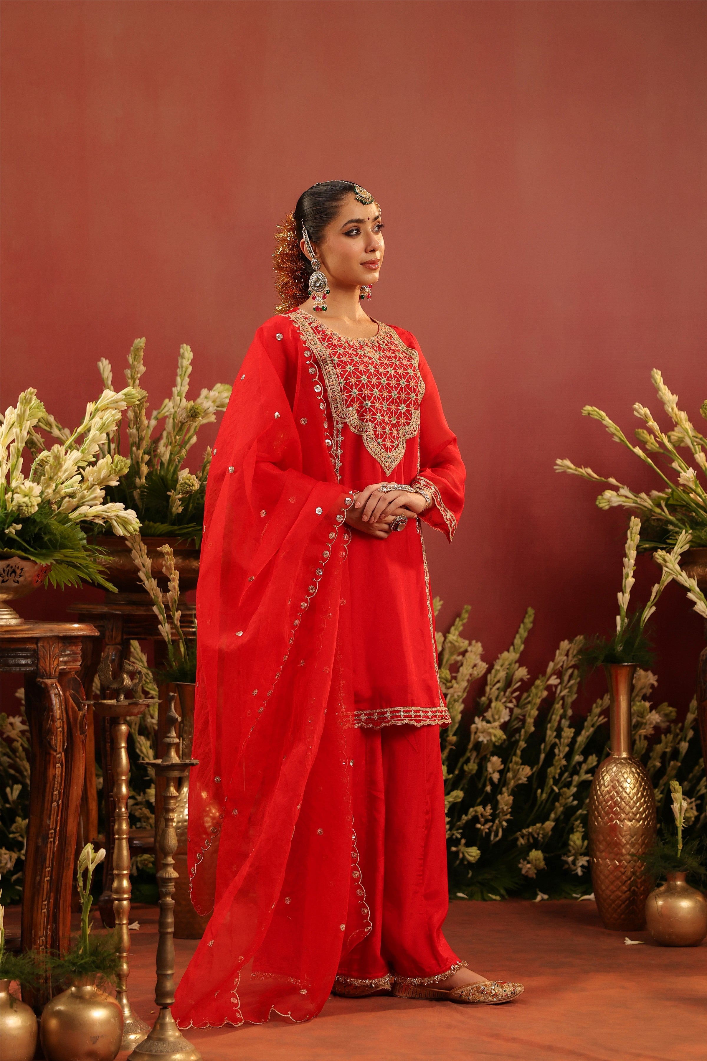 Red Organza Silk Zari Embroidered Sharara Set