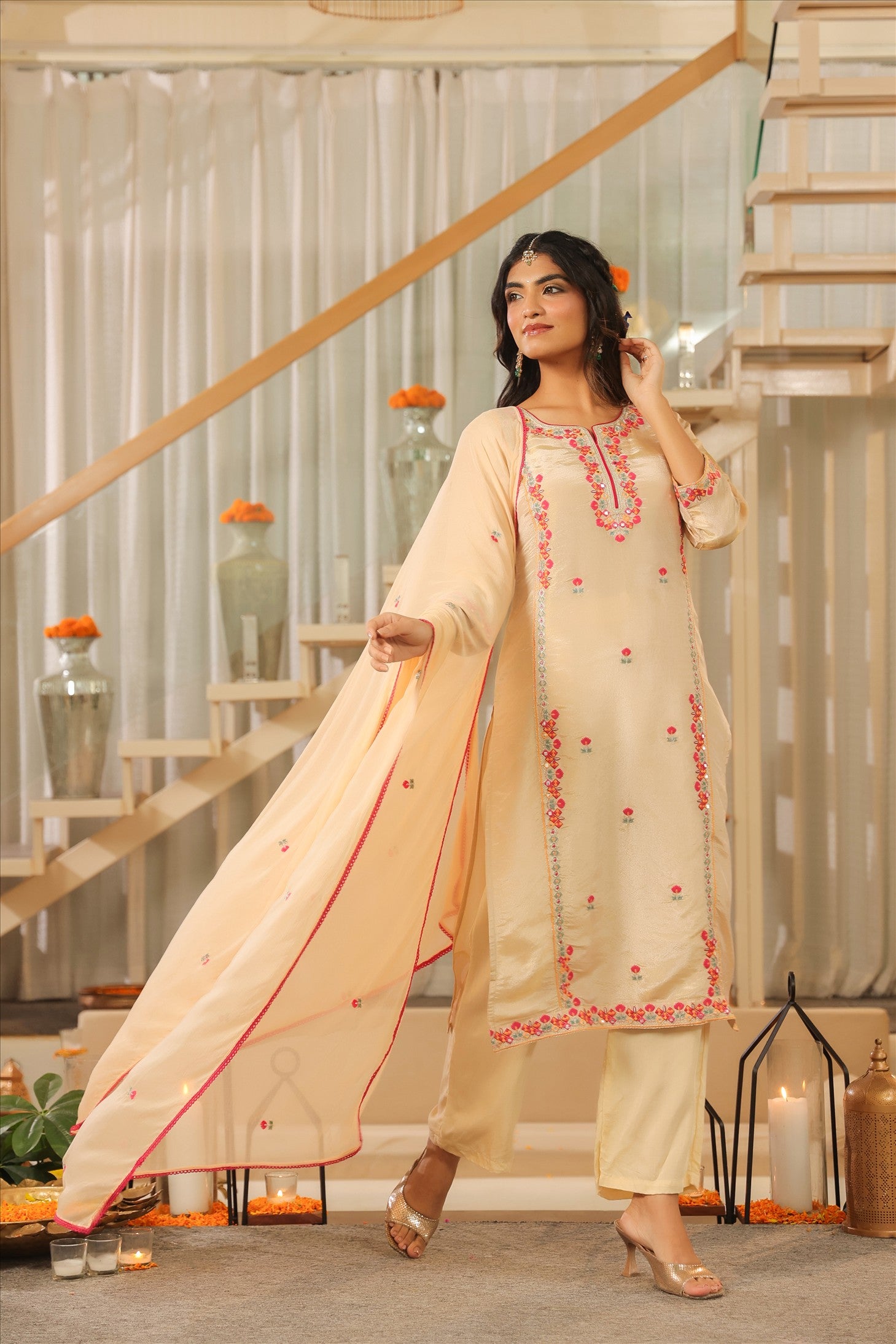 Beige Shimmer Tissue Embroidered Straight Suit Set