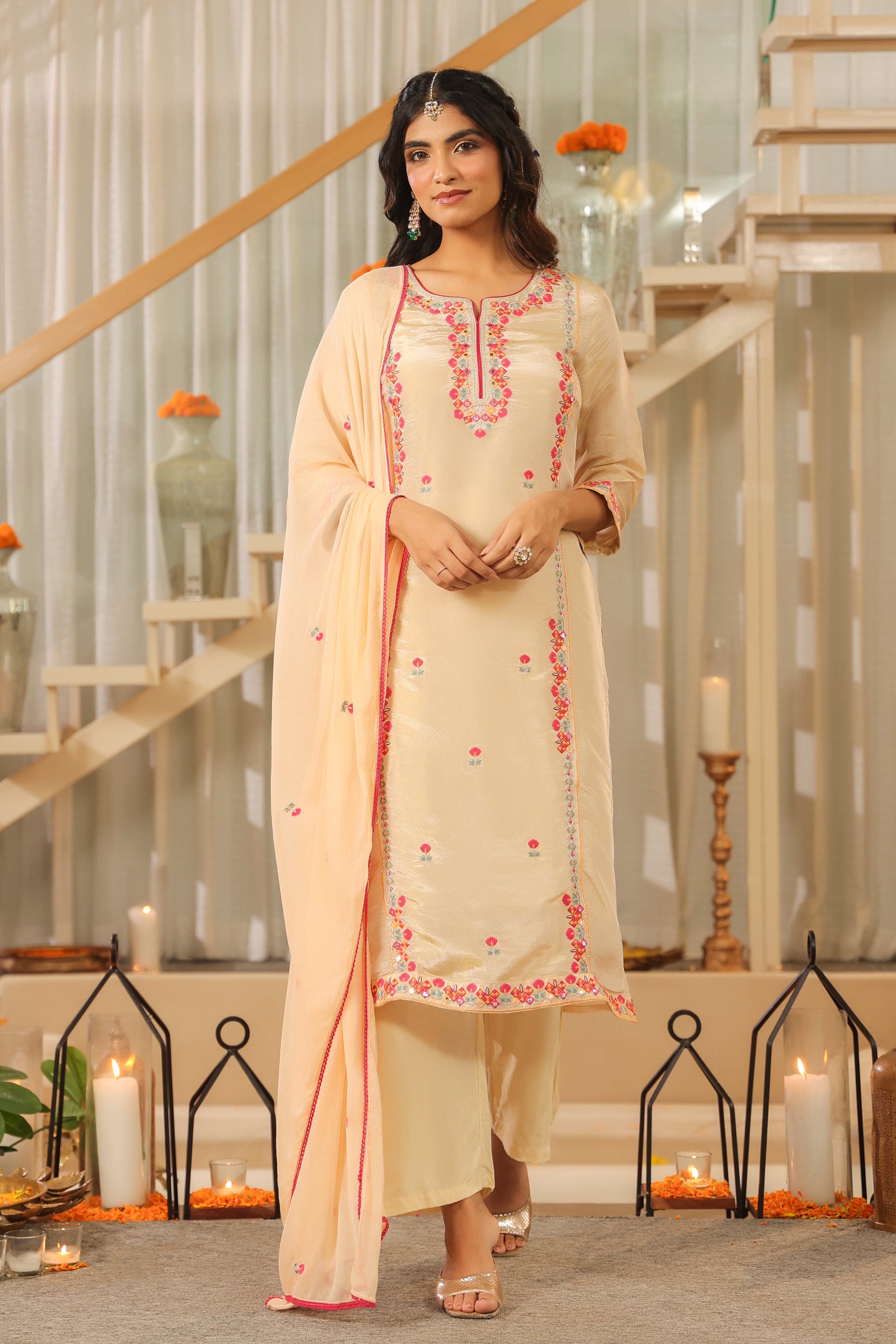 Beige Shimmer Tissue Embroidered Straight Suit Set