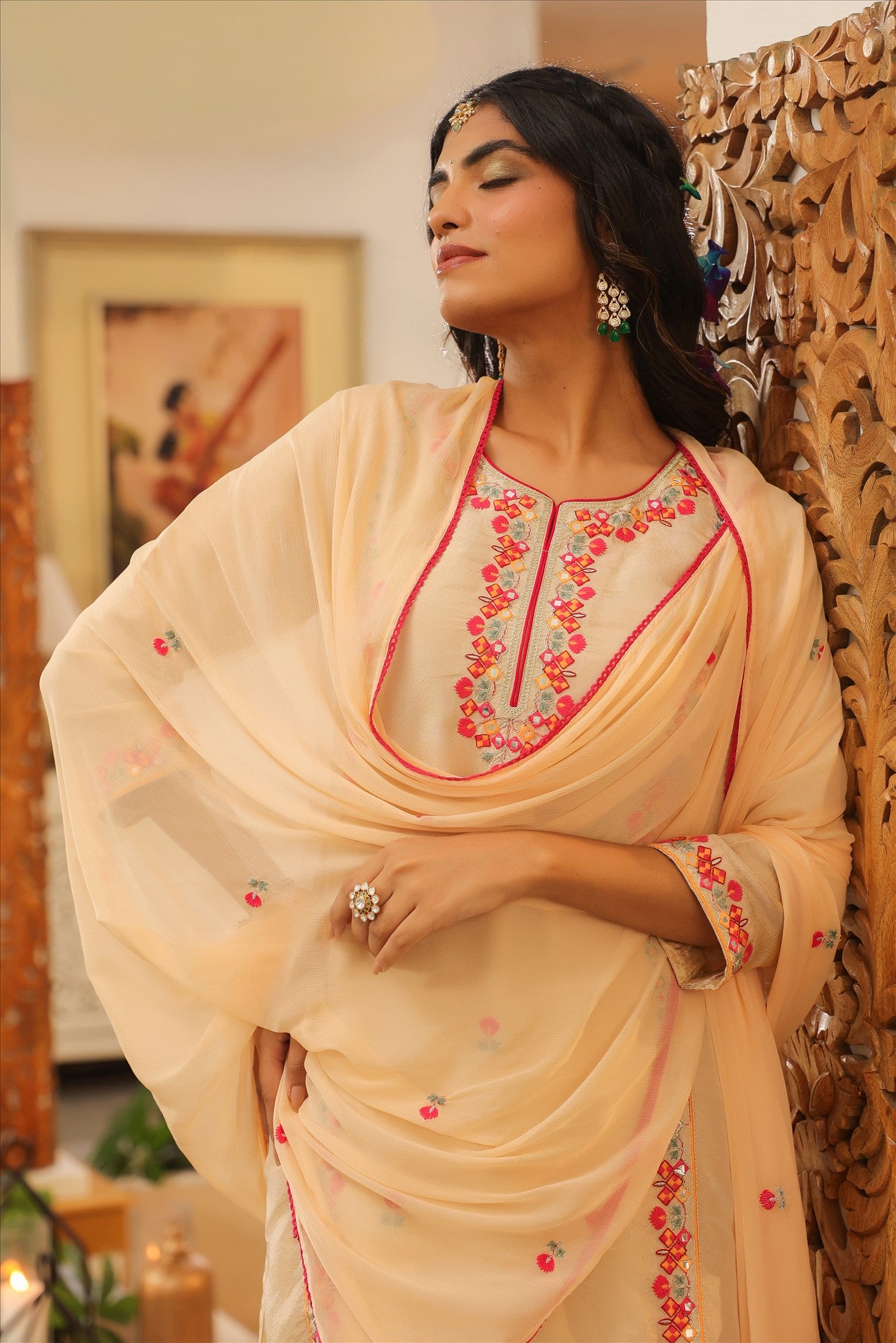 Beige Shimmer Tissue Embroidered Straight Suit Set