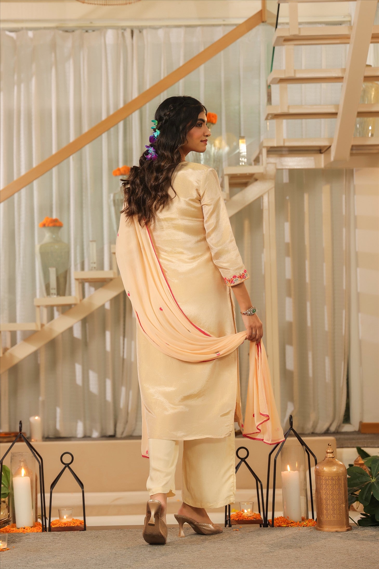 Beige Shimmer Tissue Embroidered Straight Suit Set