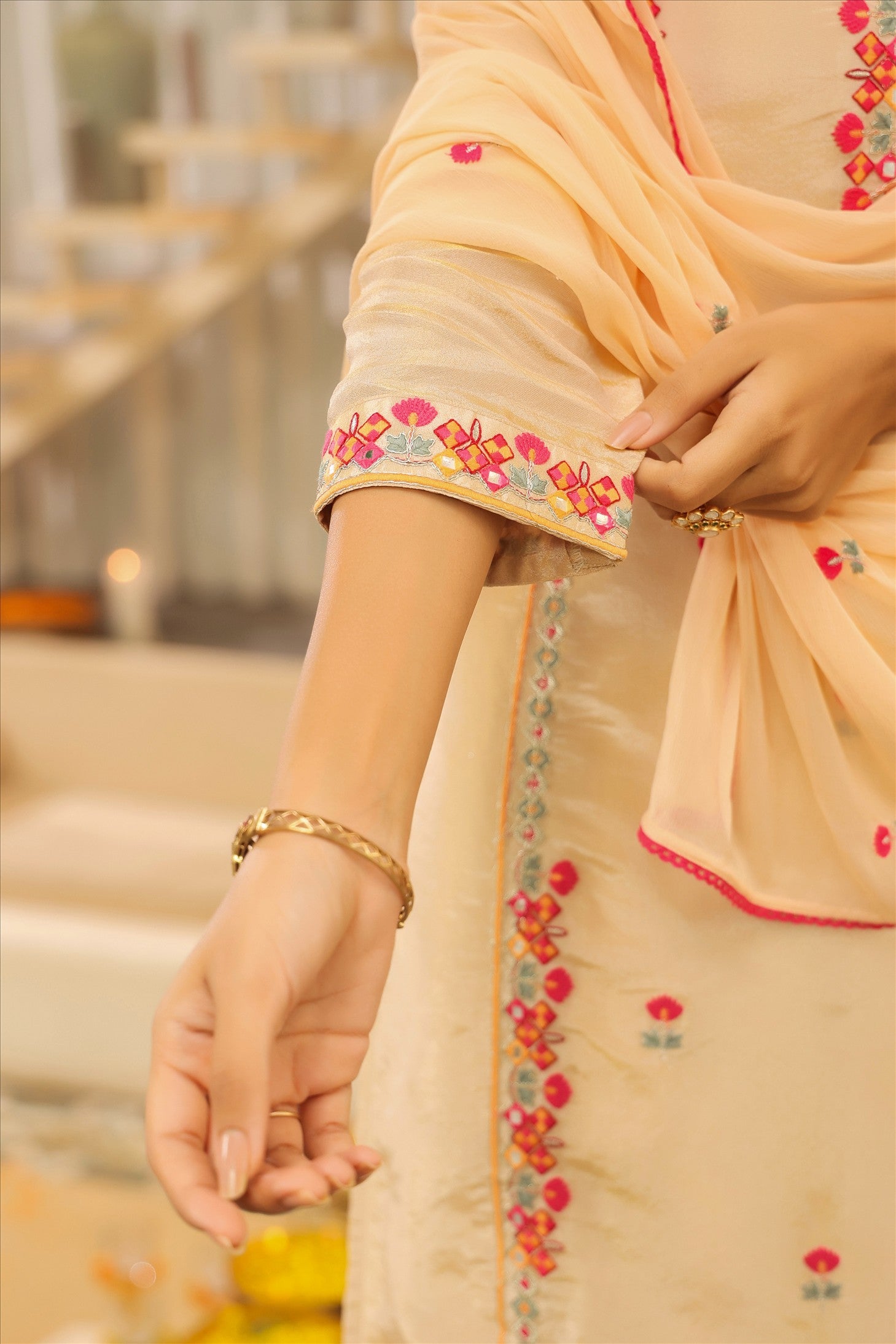 Beige Shimmer Tissue Embroidered Straight Suit Set